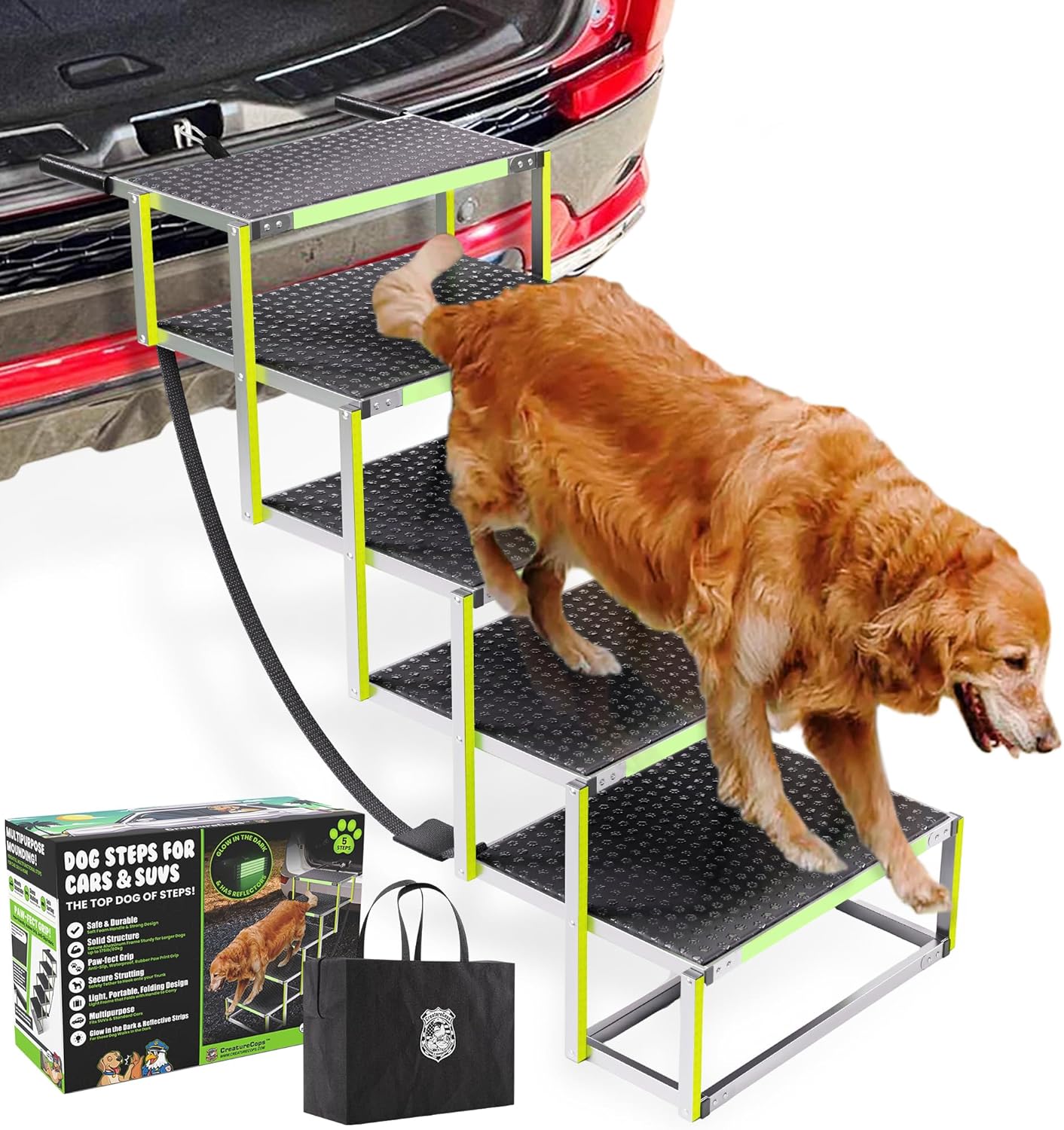 CreatureCops™ Dog Steps for Car | Glow-in-The-Dark, 175lb Support | Foldable, Non-Slip Dog Stairs for Large Dogs | Lightweight Aluminum with Carry Bag | 5 Steps for Car & Home