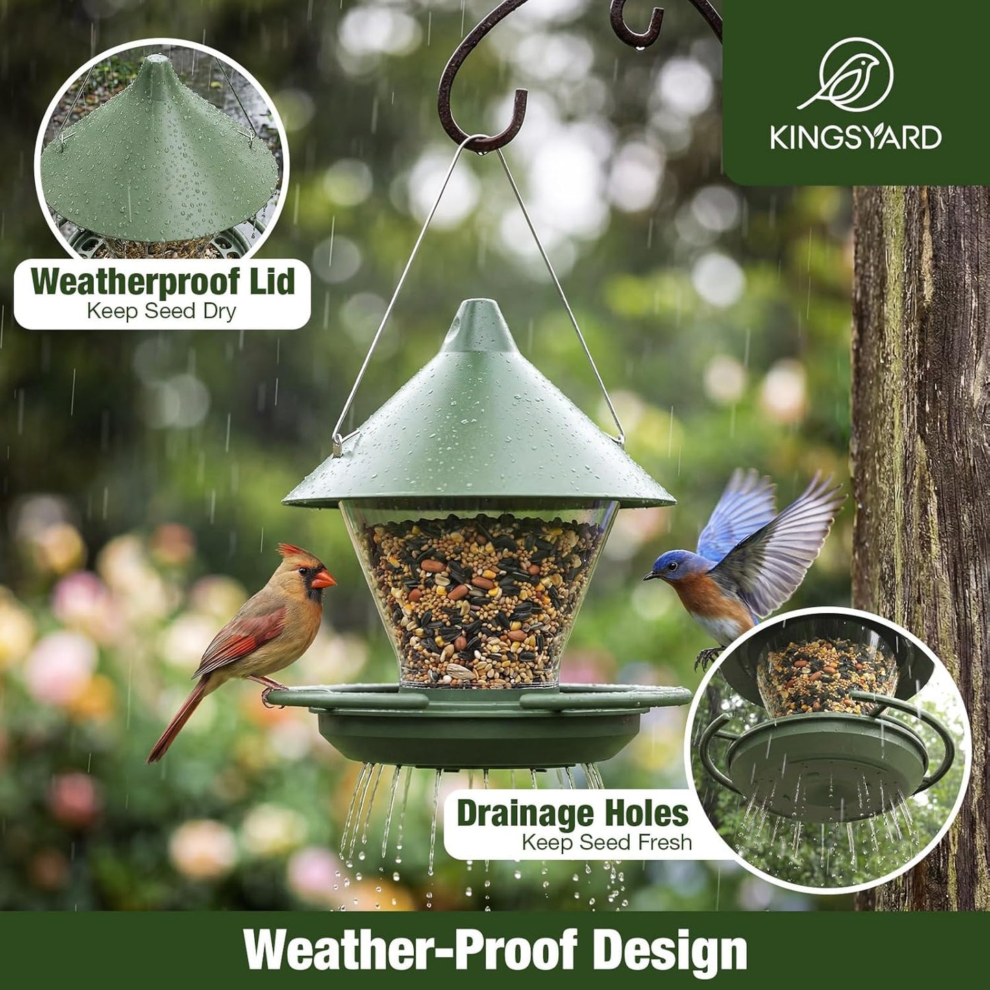 Kingsyard Wild Bird Feeder for Outdoors Hanging, No-Waste Tray with Seed Guard & Circular Perch, Garden Yard for Cardinal Finch, 4 lb Large Capacity, Green