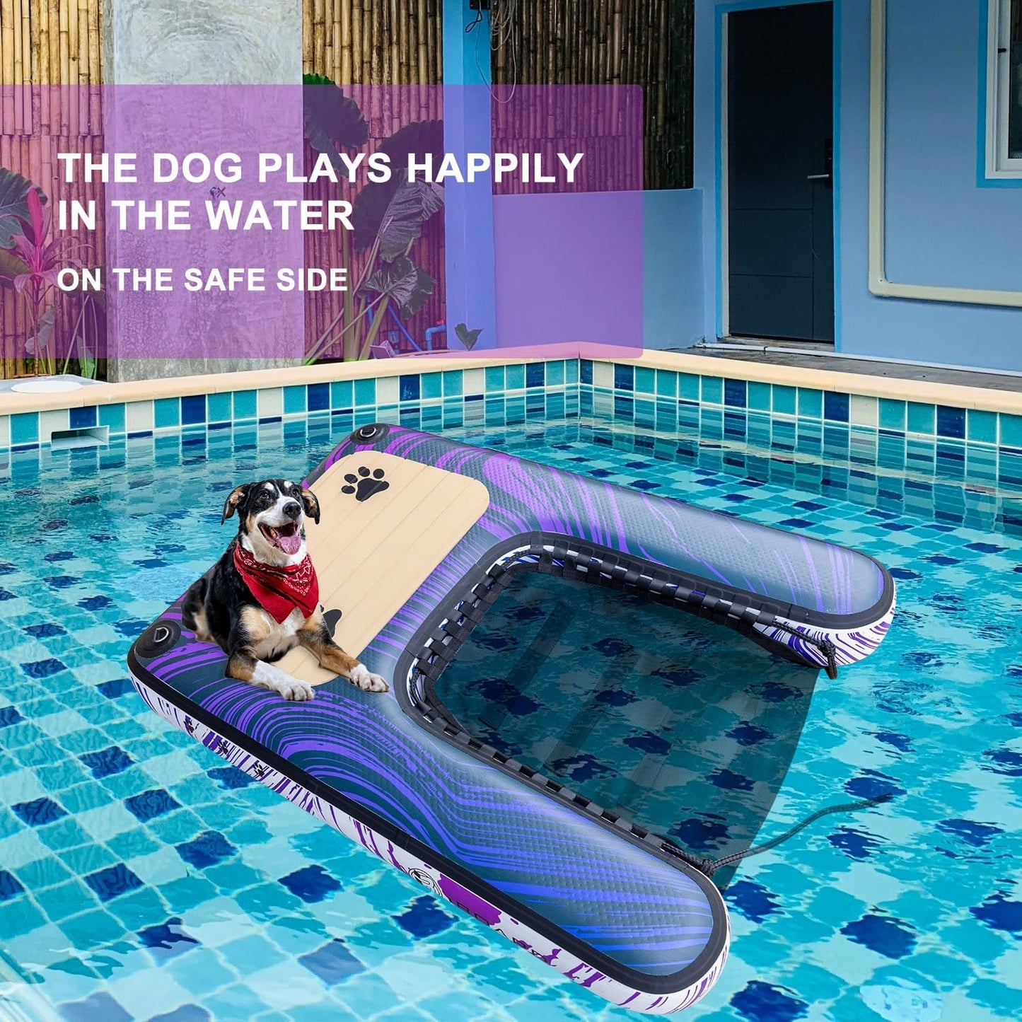 Dog Ramp & Pool Float - Portable Pet Ramp for Boats, Docks, and Pools - Non-Slip Ramp for Small, Medium, and Large Dogs - Lightweight & Foldable - Purple and Blue Wave Pattern - PVC Material