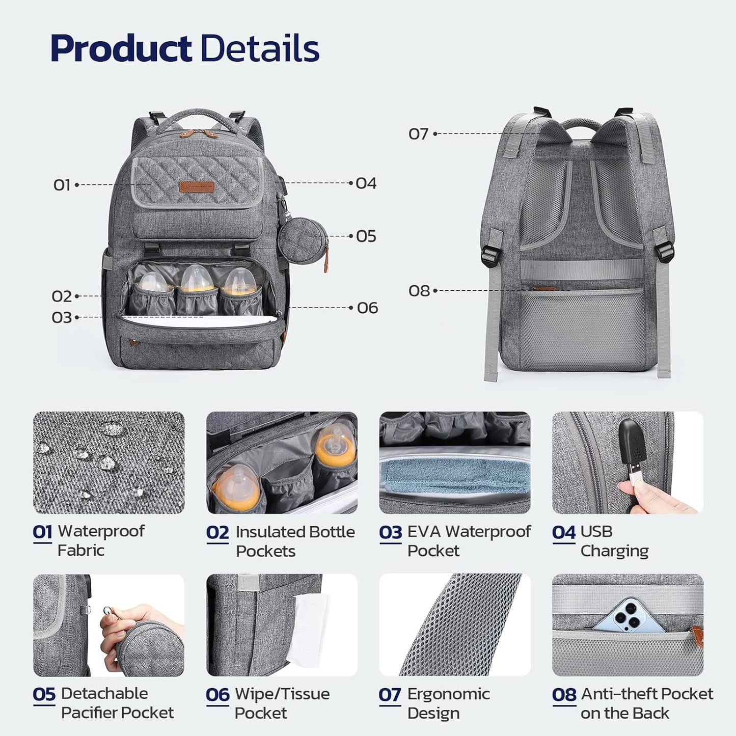 Diaper Bag Backpack,29L-45L Expandable Large Baby Bag for 2 Kids/Twins, with Removable Cross Body Bottle Bag for Mom/Dad,Stylish Nappy Bag Gift for Boys/Girl-Mothers Day Gifts-Elegant Grey