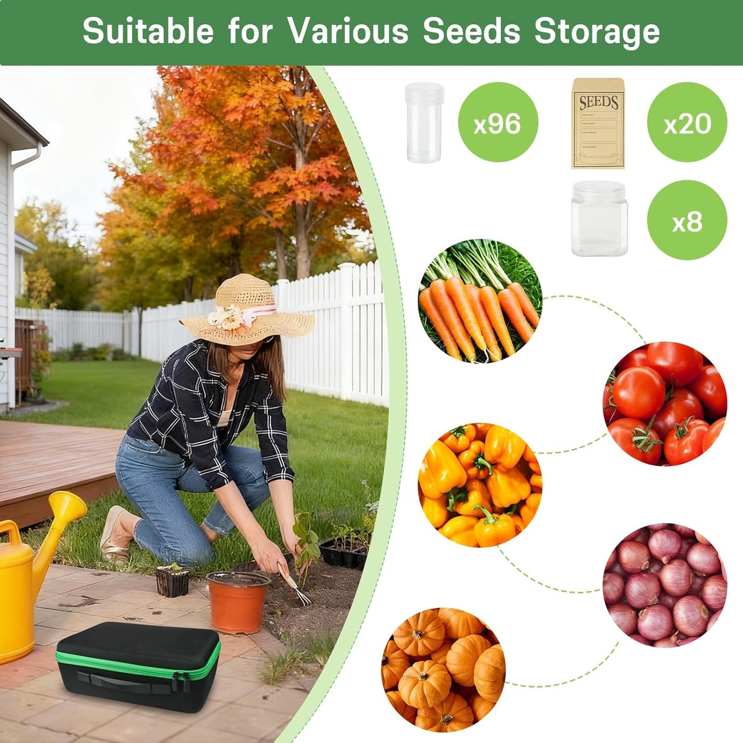 104 Slots Seed Storage Organizer Box with 20 Envelopes, Garden Seed Containers 1 oz 5 oz with Labels, Seed Packet for Plant, Flower,Vegetable Seeds