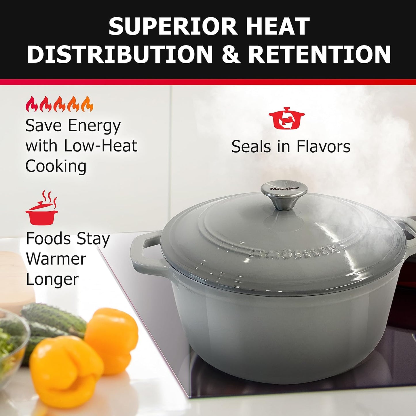 Mueller 6 Quart Enameled Cast Iron Pot Dutch Oven, Heavy-Duty Oven-Safe up to 500° F, & Across All Cooktops, Casserole Dishes for Ovens, Bread Pan with Lid and Knob, Cast Iron Cookware, Grey
