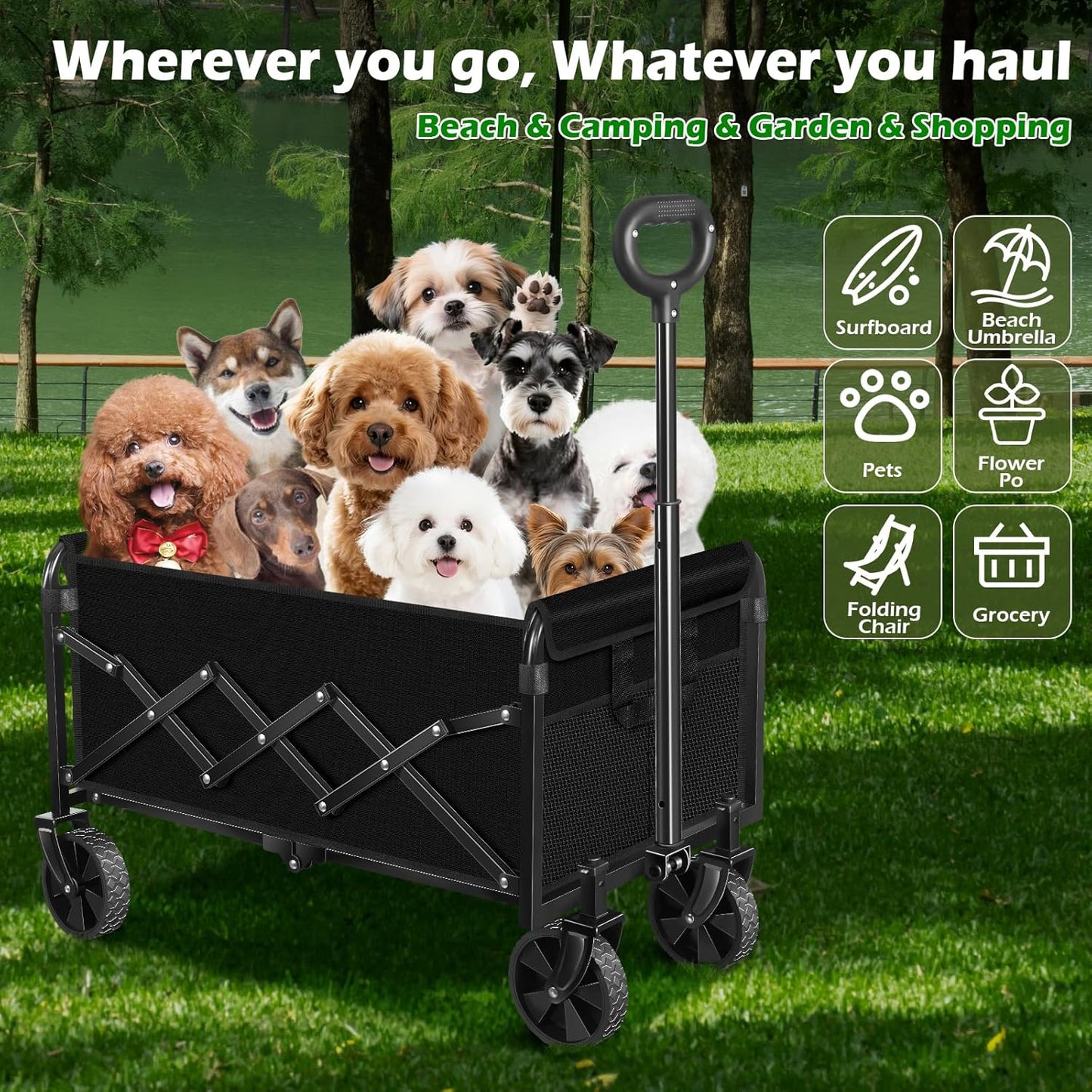 Collapsible Wagons Carts Foldable Wagon, Foldable Wagon Cart with Wheels, Folding Wagons for Beach Camp Sports Garden, 2 Cup Holders/Lightweight Portable/Black/360 LBS