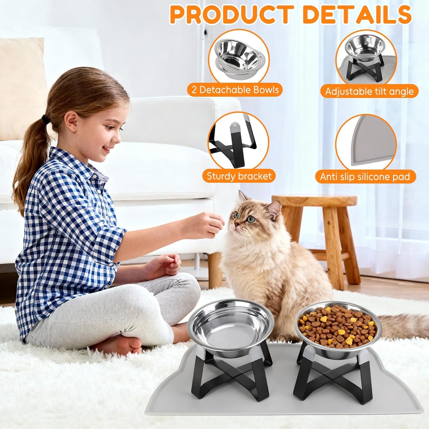 2 Pack Raised Cat Bowls Holder with Non-Slip Mat Stainless Steel Cat Feeder Elevated Pet Water Food Bowls for Cats Puppies Rabbits (Black)