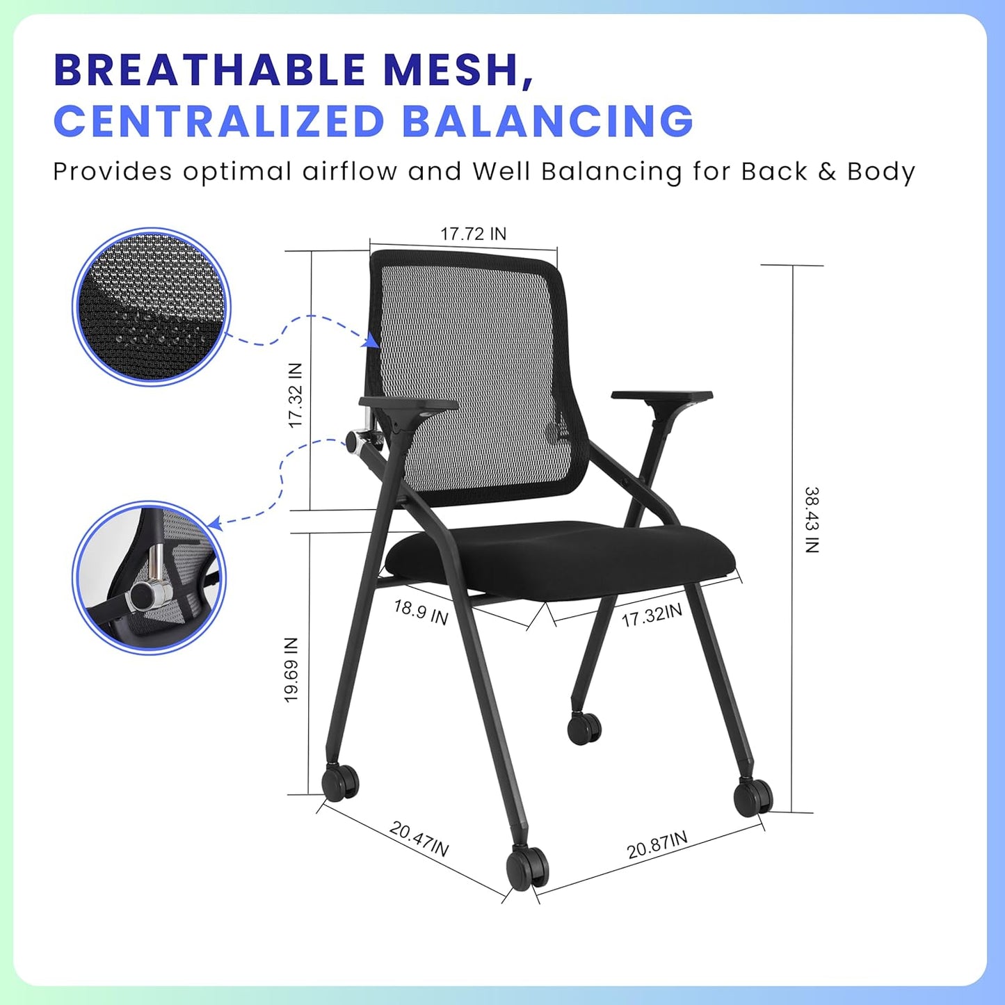 PRO, Stackable & Foldable Conference Room Chairs with 2X Thick Cushion, Lumbar Support, Armrest - Mesh Bouncing Back for Office Meeting, Conference, Training Room Chair 1 Pack
