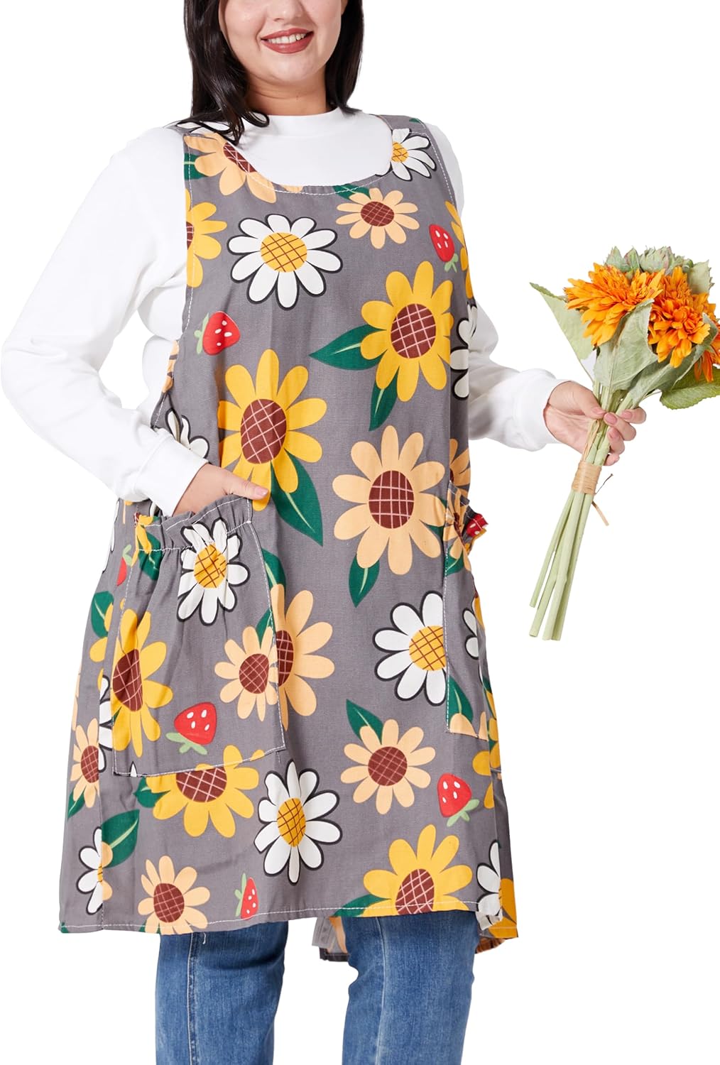 VIKIDEER Comfortable Huge Plus Size Aprons for Women Adjustable Cross Back Floral Cotton Linen Aprons