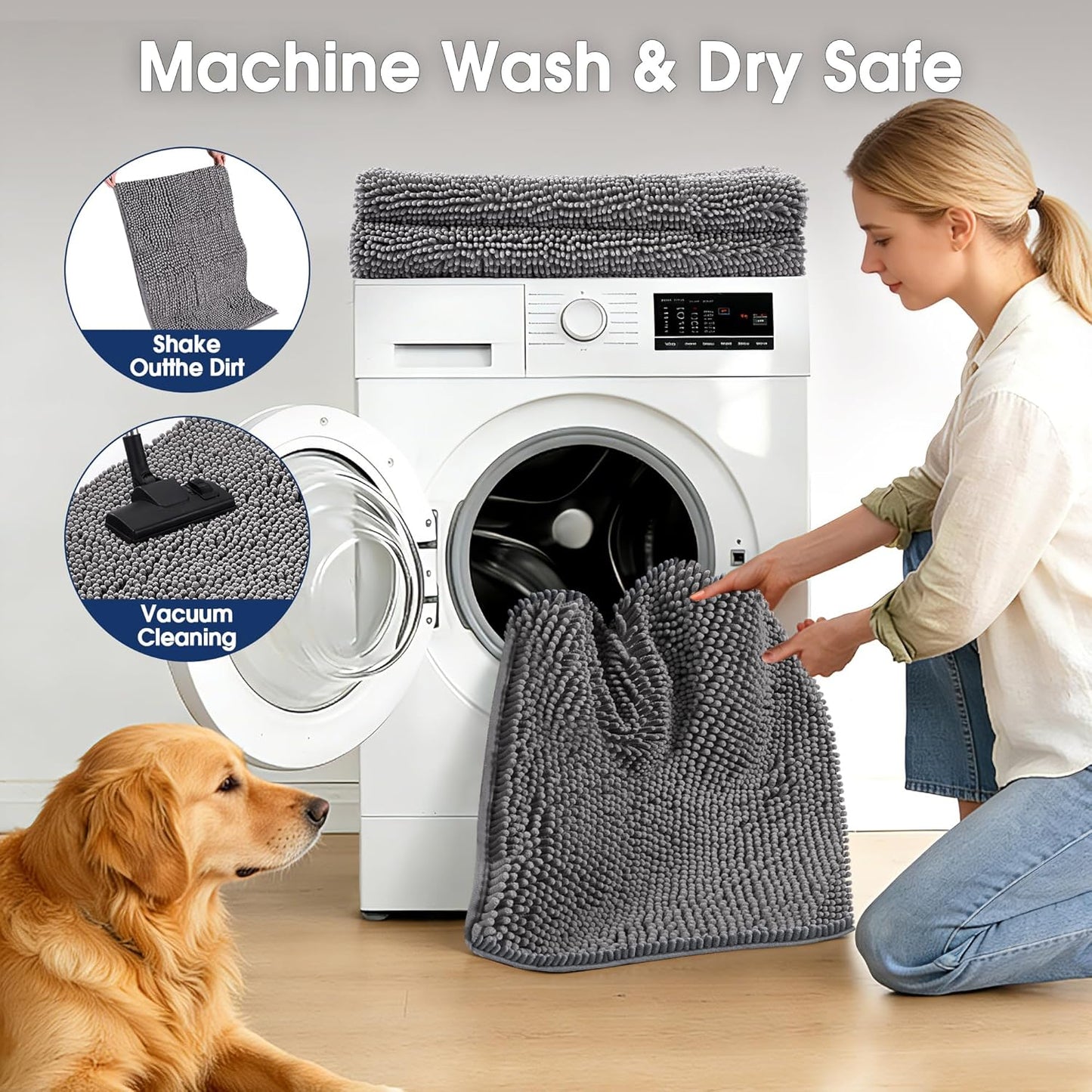 Super Absorbent Dog Door Mat for Muddy Paws, 72"x36" Dirt Trapper Non-Slip Chenille Mat for Mud Dogs, Machine Washable Quick Dry Indoor Entryway Rug, Grey