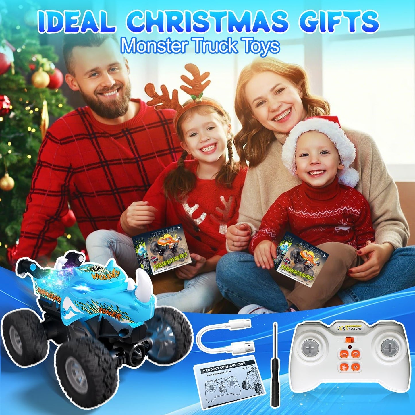 Gohero 1:64 Monster Trucks Toys, 2.4GHz Mini Remote Control Car for Boys 4-7, 360° Spin & Walk Upright ，Little Blue Truck Metal Shell & RGB Light，Boys Toys 6-8 Years Old ，Christmas& Birthday Gifts