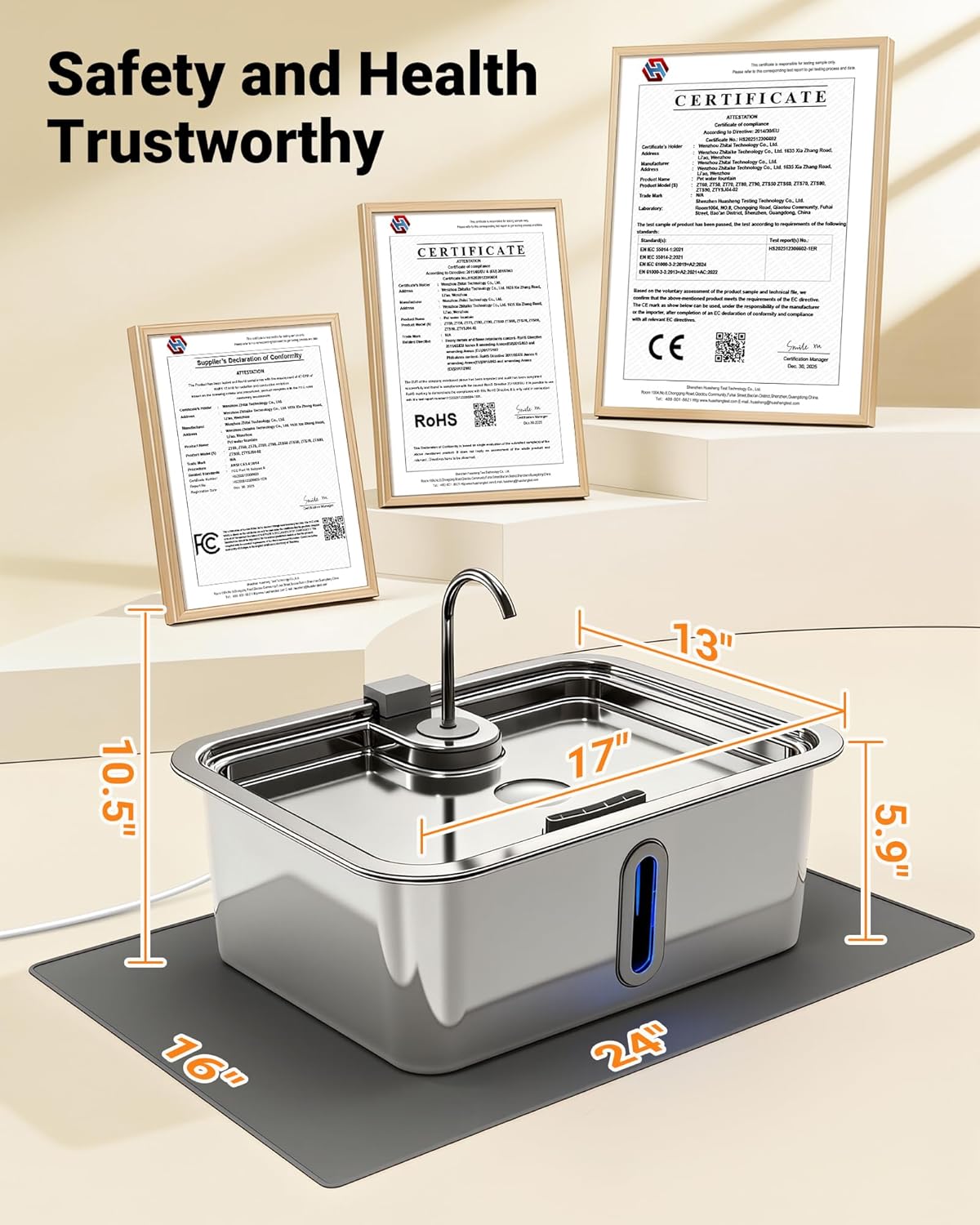 15L/3.96Gal Extra Large Dog Water Fountain Bowl with Visual Alert, Pet Feeding Mat and 3 Filters Kit, Automatic Water Dispenser for Dogs Cats