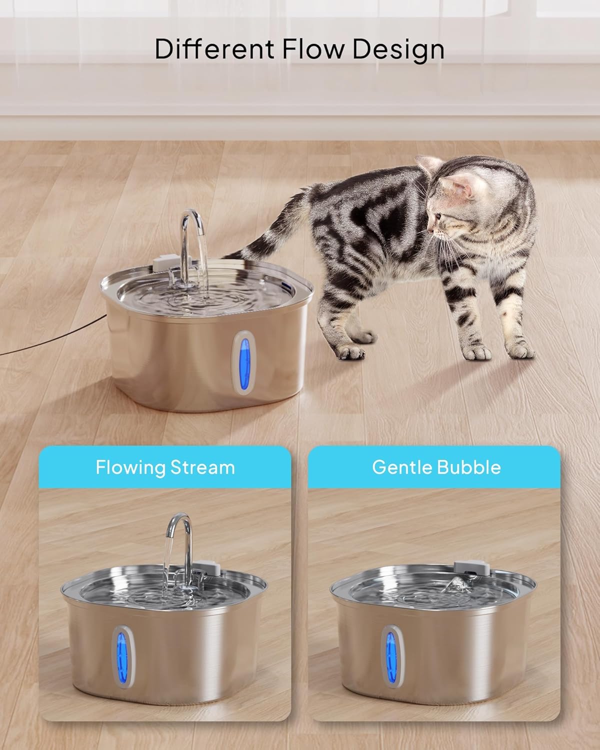 PEKTACO Stainless Steel Cat Water Fountain, 3.2L/108oz Cat Water Dispenser with Quiet Water Pump, Dishwasher Safe Pet Drinking Fountain for Cats
