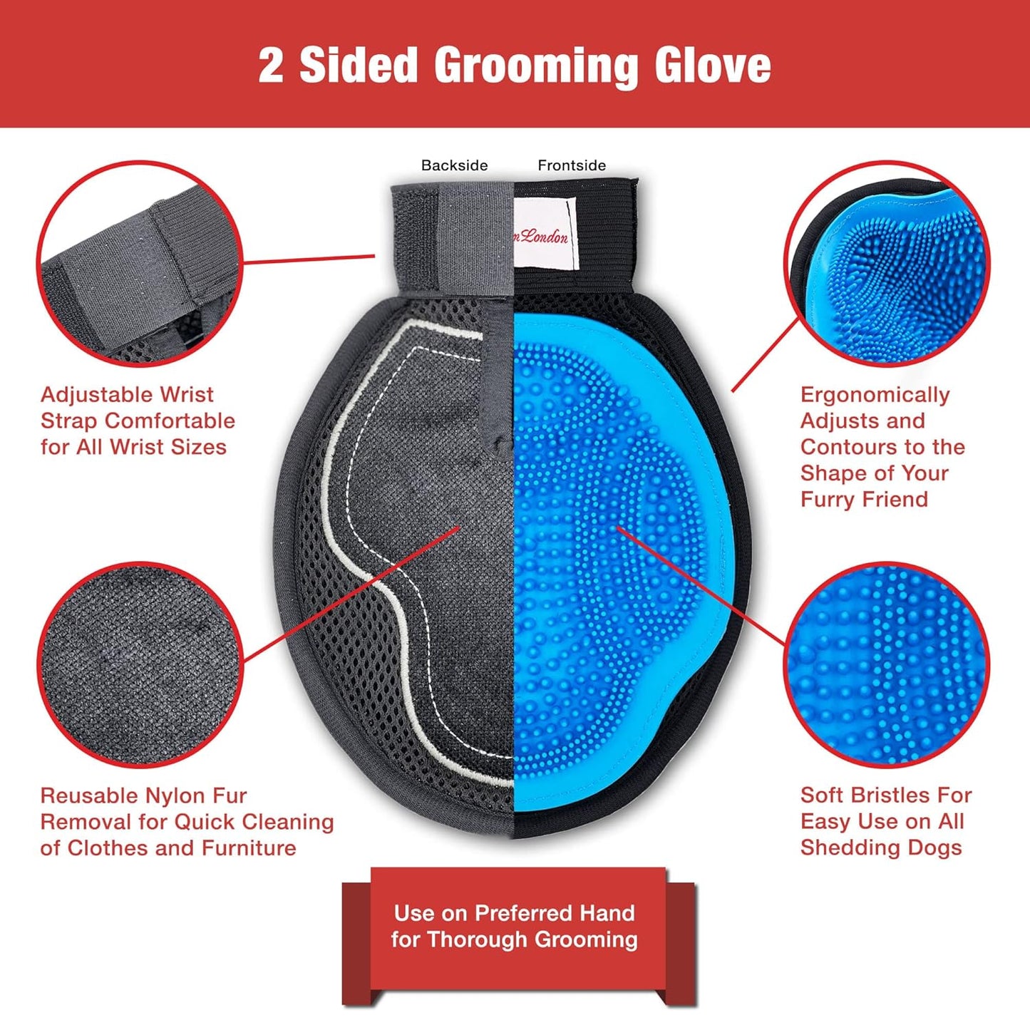 Warren London 2in1 Grooming Glove for Dogs & Cats | Reversible Design Pet Brush with Smooth Side for Clothes & Furniture | Soft Mitten Contours for Comb & Massage
