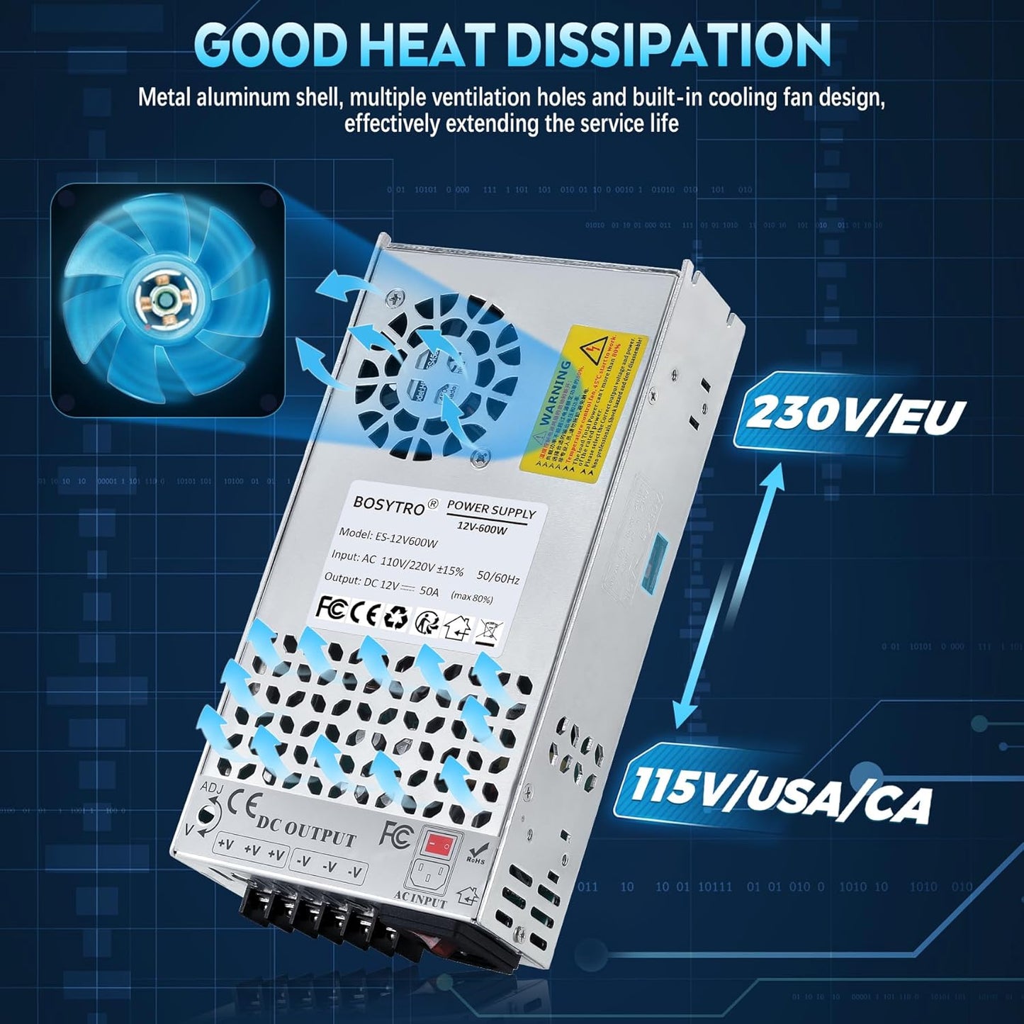 12V DC Power Supply 600W 50A AC to DC Converter Switching Power Supply for Led Strip, Motor Pump, CCTV, 3D Printer, Electronic Instruments, Lab Computer