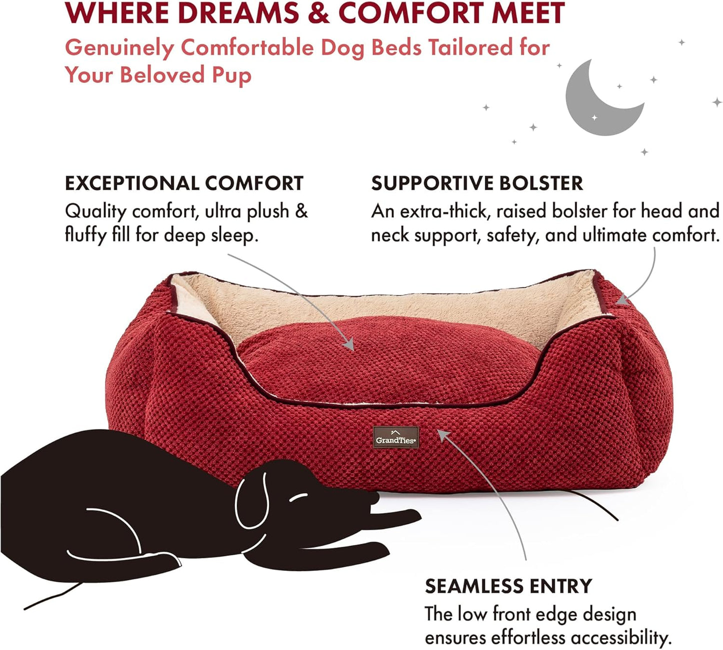GRANDTIES Fluffy Dog Beds for Small Medium Large Dogs & Cats, Machine Washable Dog Bed, Rectangle Breathable Soft Calming Sleeping Warming Pet Beds with Waterproof & Non-Slip Bottom (M 34", Cherry)