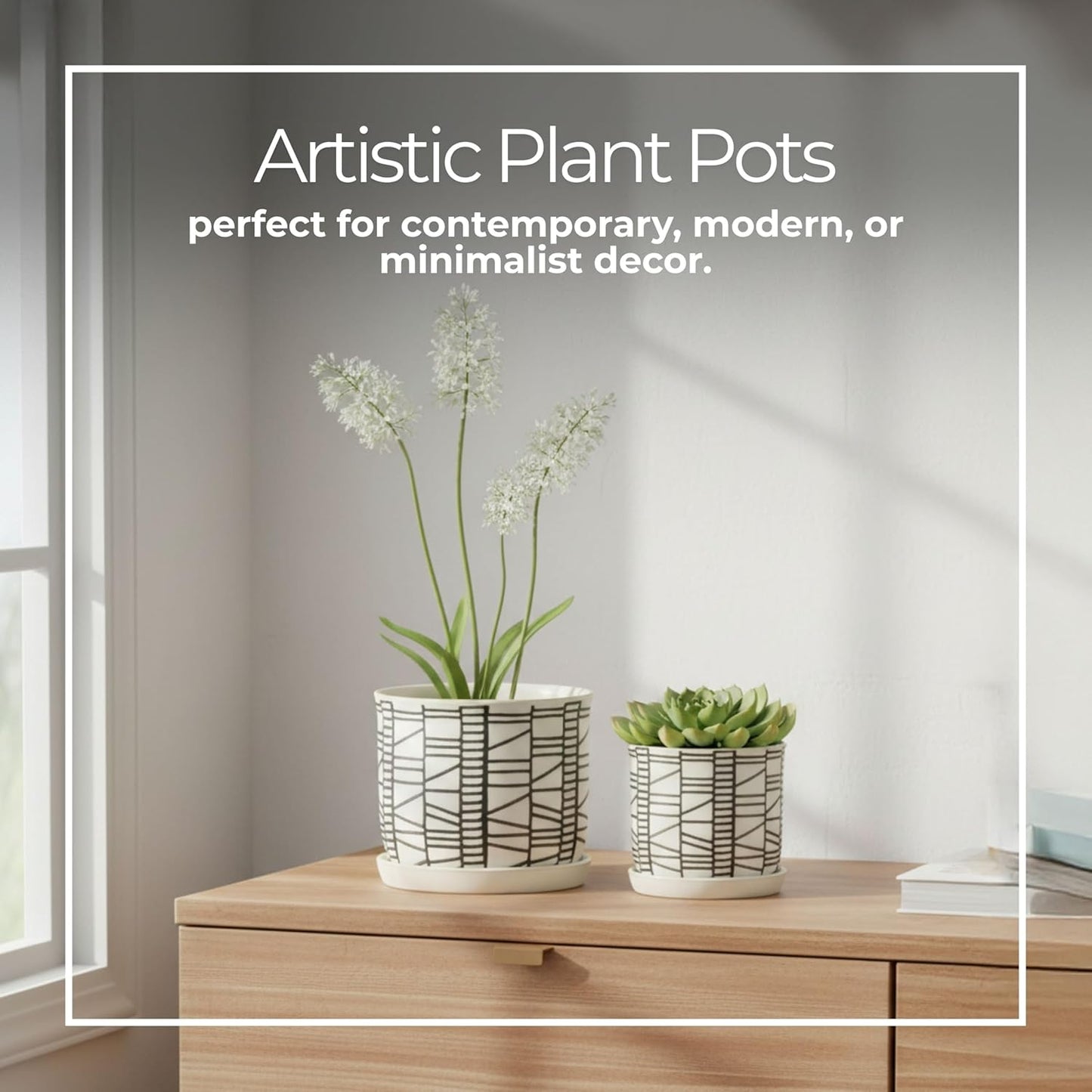 Set of 2 Geometric Decorative Ceramic Planter Pots with Saucer – Stoneware Outdoor & Indoor Plant Pots with Drainage – Modern Garden & Home Decor Ceramic Planters – 6" & 8", Ivory