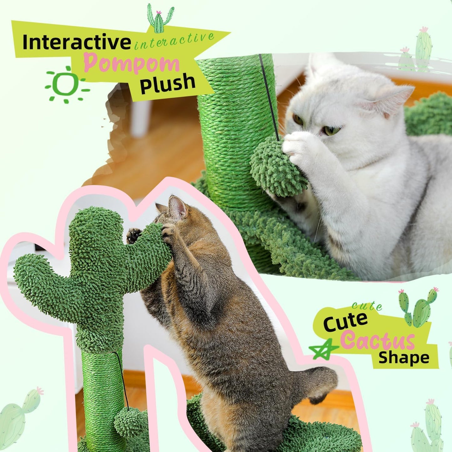 PAWZ Road Cactus Cat Tree, 33 Inchs Cat Tower with Cat Self Groomer, Soft Hammock and Fully Wrapped Sisal Scratching Post for Indoor Cats
