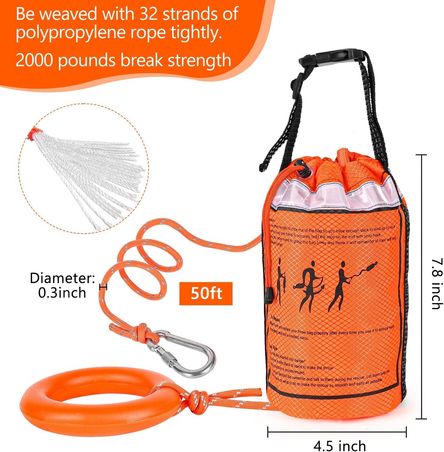 AnKun Water Rescue Throw Bag with 50/70/98FT Length of Rope in 3/10In Tensile Strength Rated to 2000lbs, Emergency Rescue Rope for Kayaking, Boating, Fishing, Rafting, High Visibility Safety Equipment