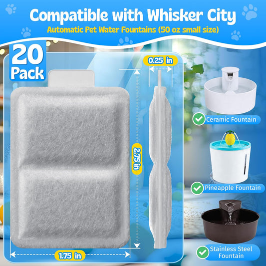 Enhon 20 Pack Small Cat Water Fountain Filters, Compatible with Whisker City 50 oz Automatic Pet Fountain, Dog Water Dispenser Replacement Filters for Pineapple, Ceramic and Stainless Steel