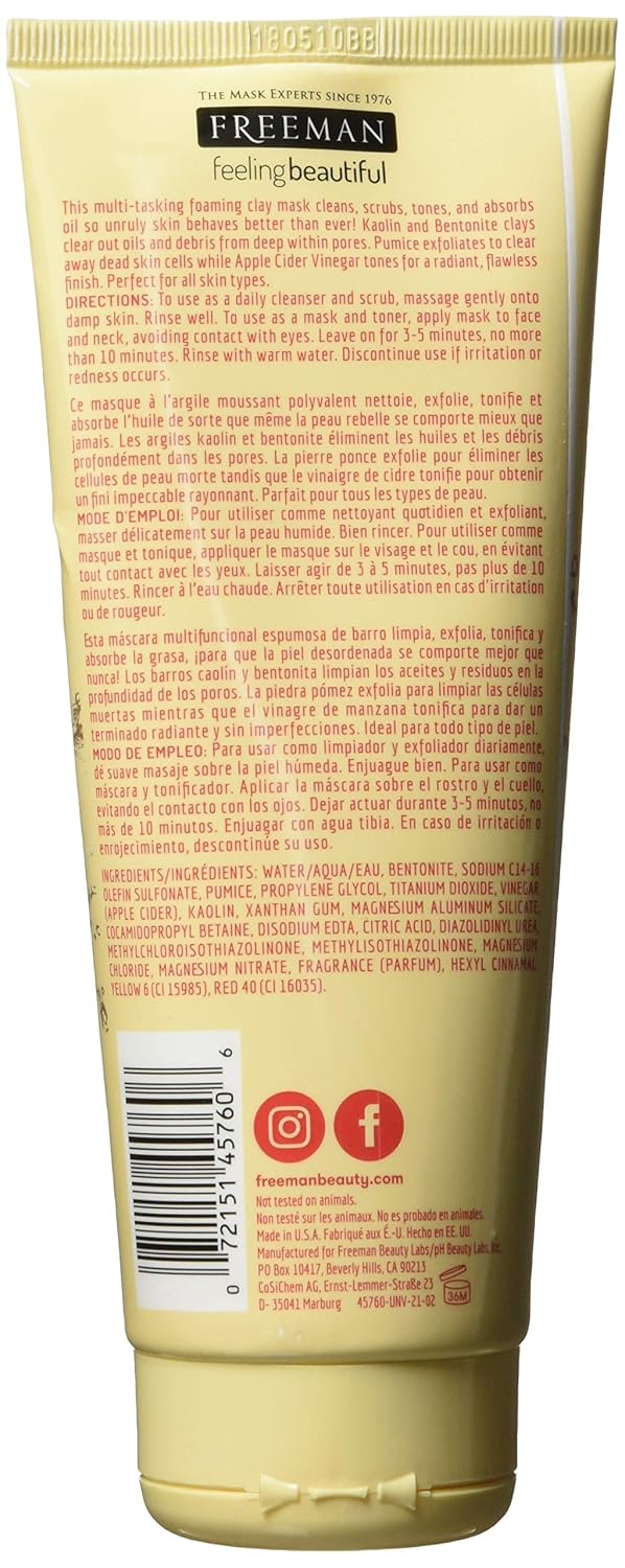 Freeman Cleansing Apple Cider Vinegar Clay Mask & Facial Scrub, Face Mask Tones, Purifies, Flawless Complexion, Clay and Pumice Exfoliate Pores, All Skin Types, 6 fl.oz./175 mL Tube