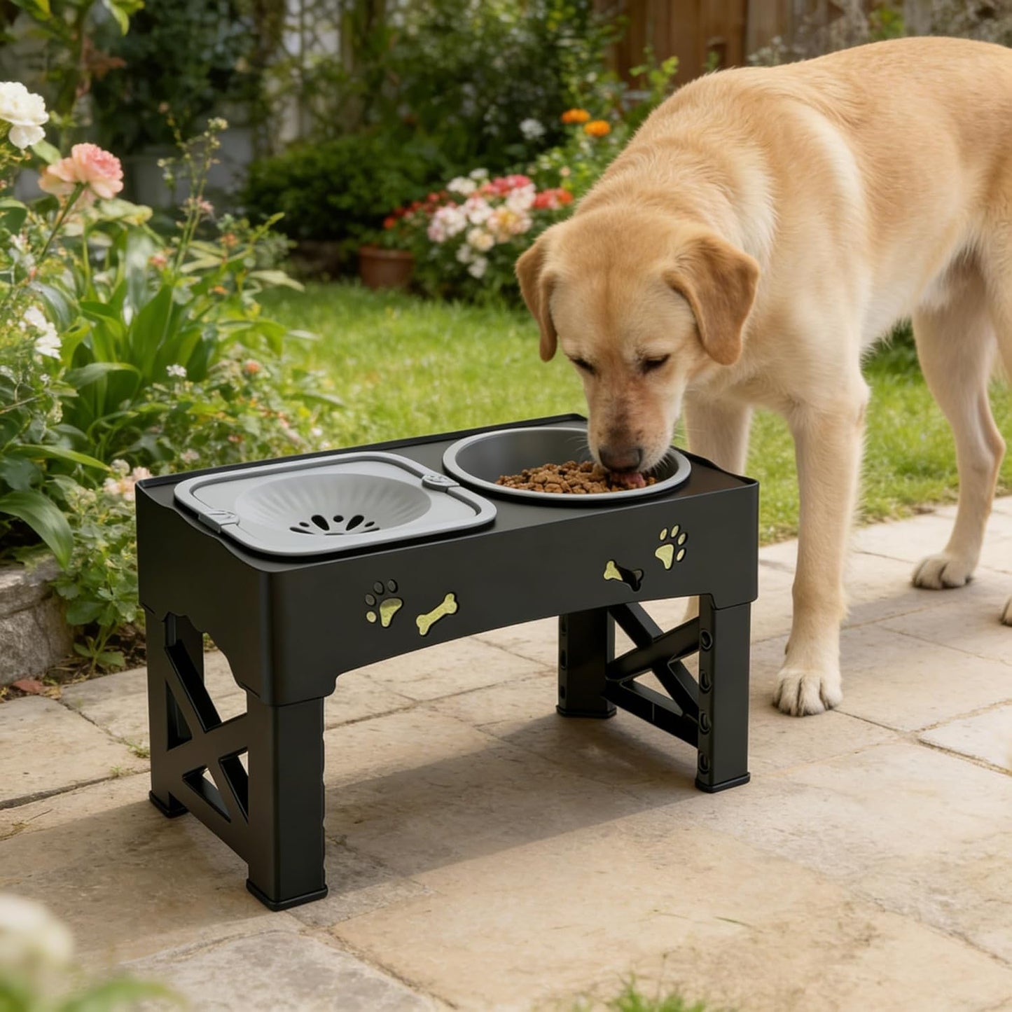 Kaiyue 2-in-1 Elevated Slow Feeder Dog Bowls Stand with No Spill Water Bowl, 5 Height Adjustable Raised Dog Bowls ，Non-Skid Pet Food Feeding Set for Small to Large Dogs