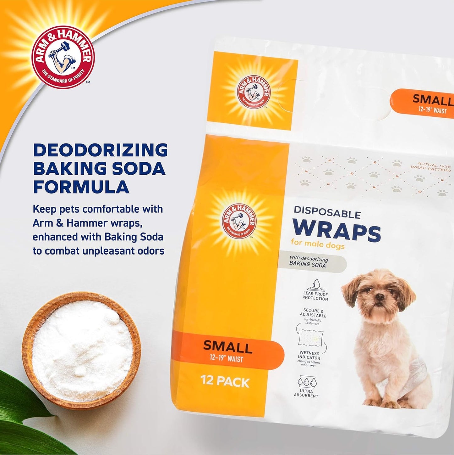 Arm & Hammer Small Male Dog Wraps, Disposable Belly Band Diapers with Baking Soda Odor Control, Super Absorbent Leak Resistant Design for Marking and Incontinence, 12-19 Inch Waist, 12 Count