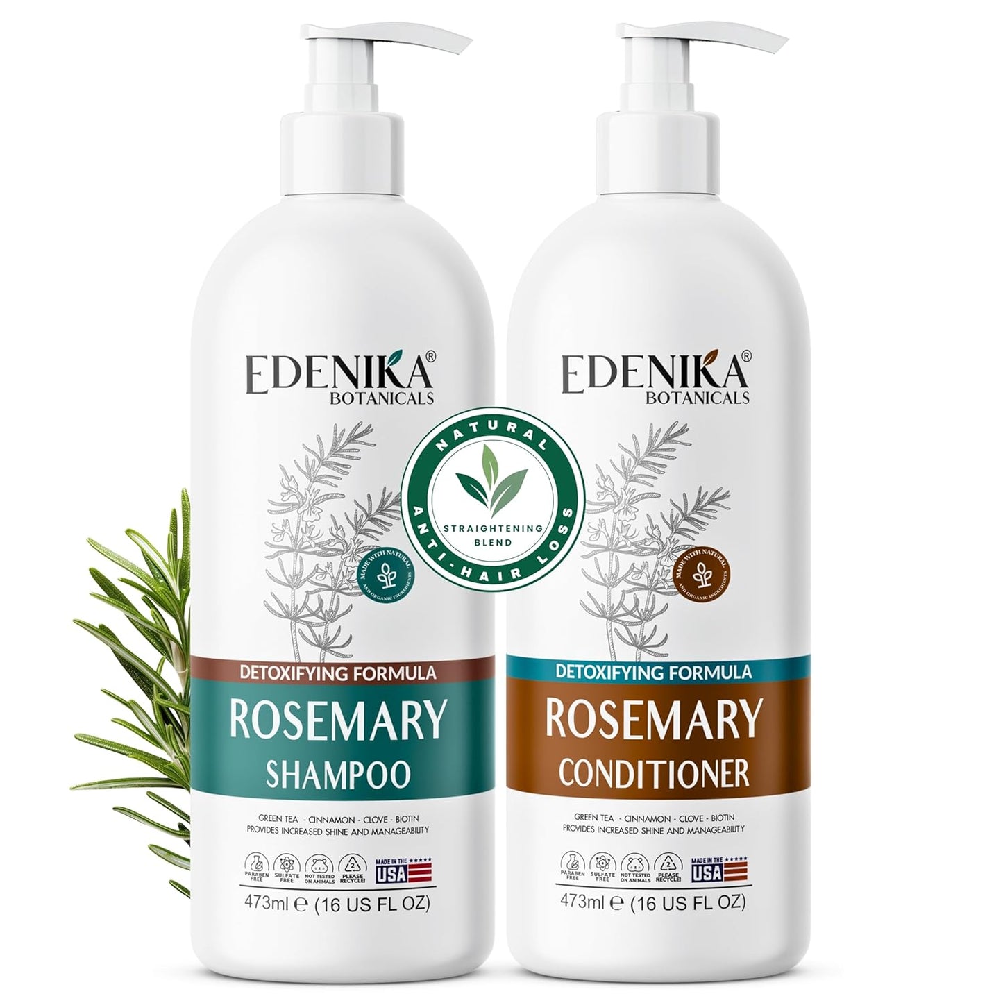 Rosemary Oil Shampoo & Conditioner Set with Biotin for Thinning Hair & Anti-Hair Loss, Strengthening Botanical Formula, Women & Men, Sulfate-Free, Organic, 16 fl oz Each