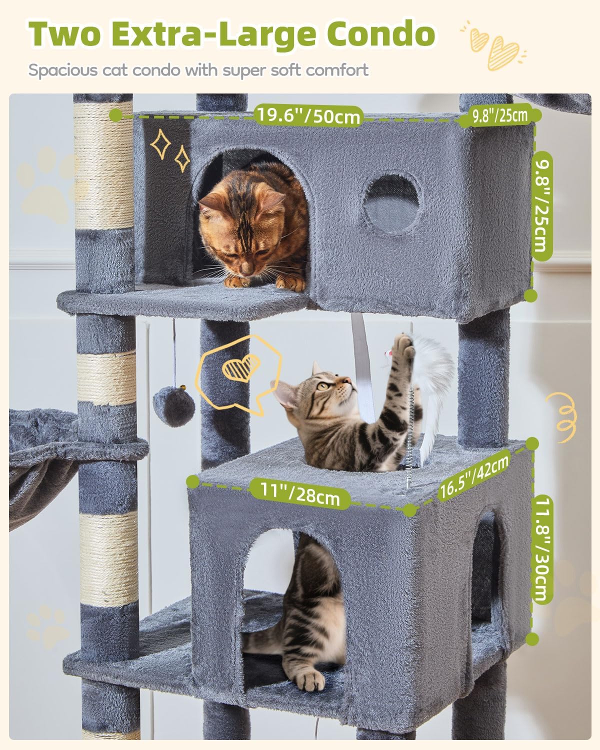 Taoqimiao Cat Tree Tower, 76-Inch Sturdy Cat Tree for Indoor Cats Large Adult Cat Tower with Scratching Posts，2 Condos, 2 Perches, 2 Large Hanging Baskets, Soft Hammock, MS046G Smoke Gray