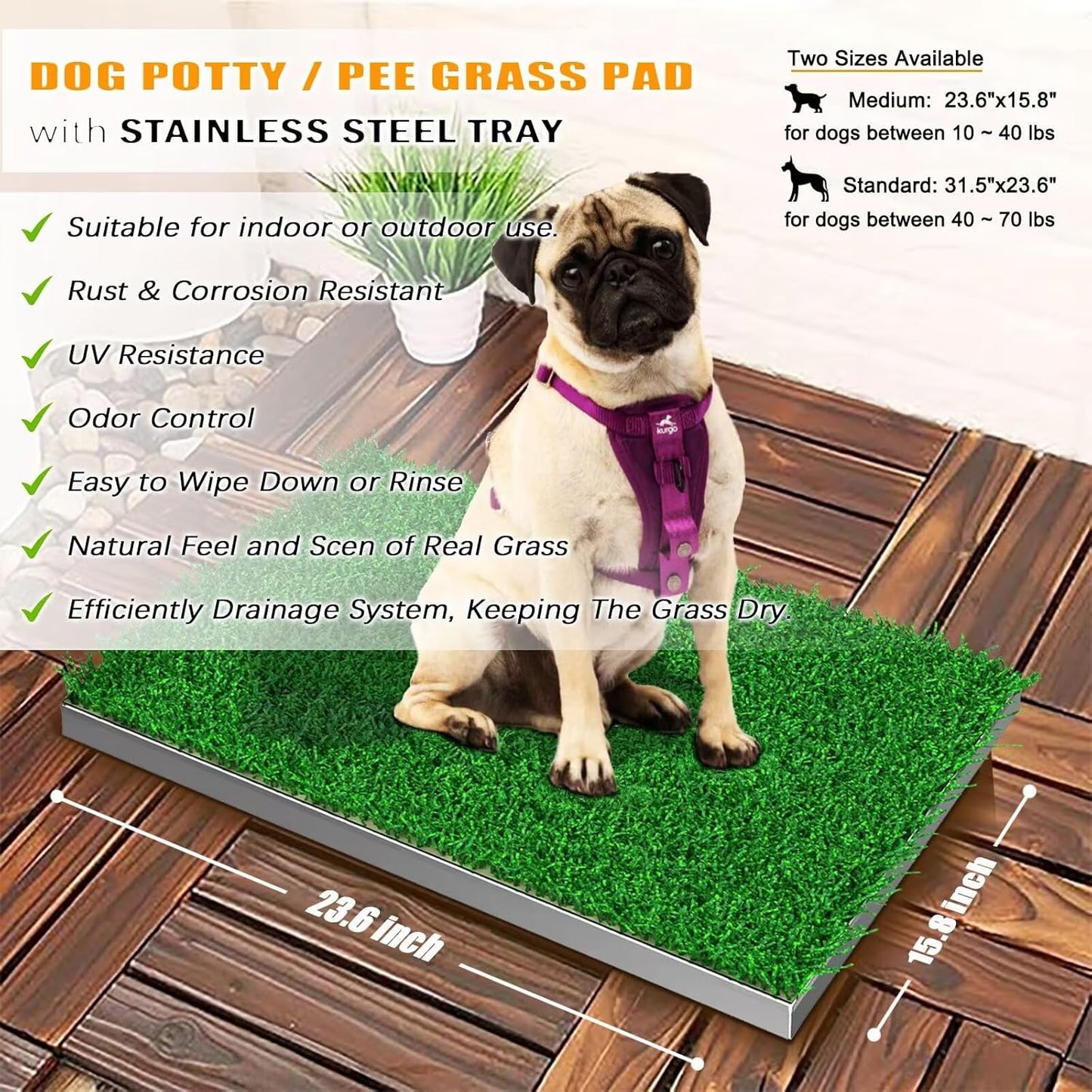 Dog Grass Pad with Tray, Reusable Large Artificial Turf Grass Potty and Puppy Pee Pads for Dogs, Portable Stainless Steel for Indoor/Outdoor Potty Training Toilet (Potty System Size -15.8" X 23.6")