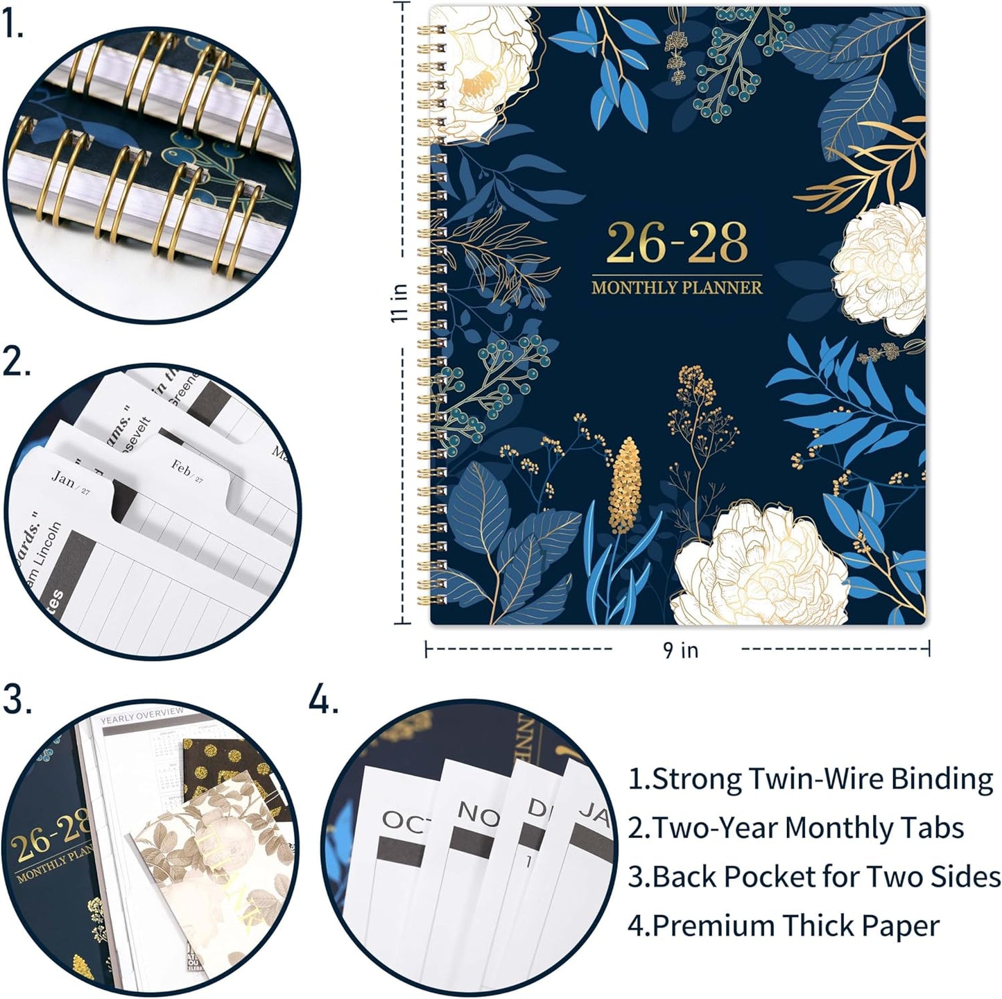 2026-2028 Monthly Planner - 2 Year Monthly Planner/Calendar 2026-2028, July 2026 - June 2028, 11" x 9", 24 Monthly Planner with Tabs, Back Pocket, Holidays, Twin-Wire Binding, Note Pages
