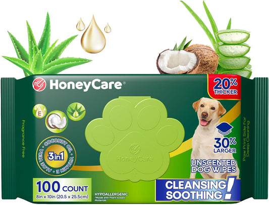 HONEY CARE Disposable Pet Wipes for Dogs & Cats – Cleansing & Soothing, Fragrance-Free, 100 Wipes for Paws, Butt & Body Cleaning