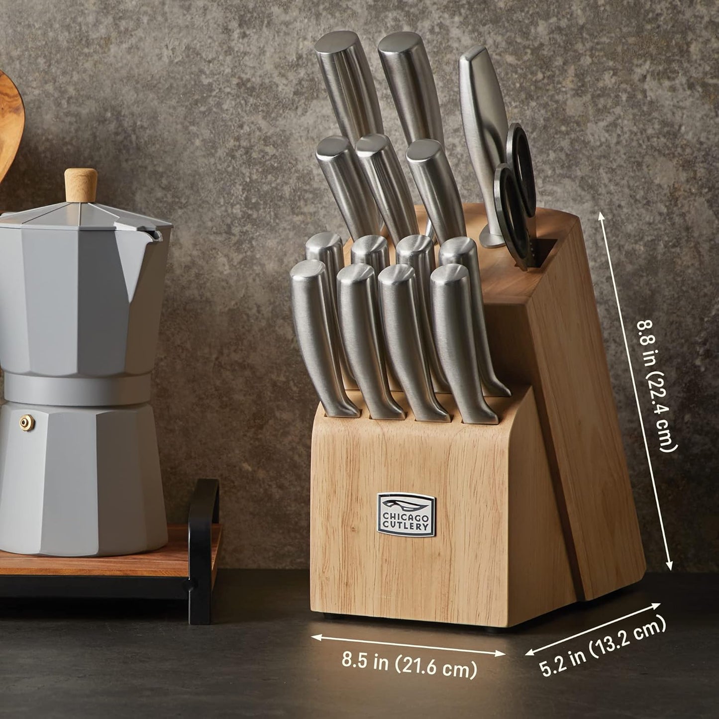 Chicago Cutlery Elston (16-PC) Kitchen Knife Block Set With Wooden Block, Sharp Stainless Steel Cutlerly Chef Knives Set With Scissors Shears & Knife Sharpener