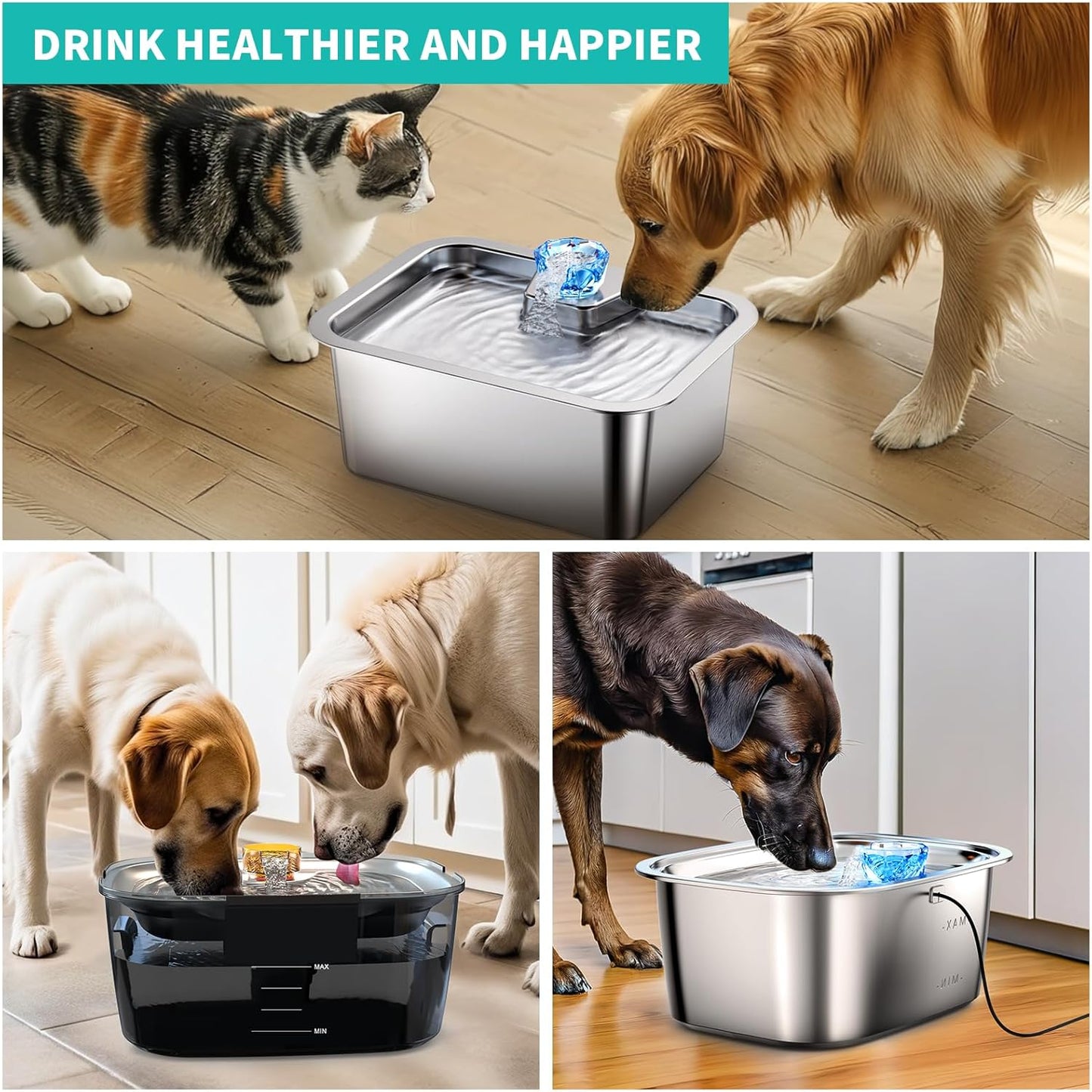 Dog Water Fountain Pump for 2.6/2 Gallons Large Dog Water Fountain Stainless Steel for Large Dogs, Replacement Water Pump for D2223, D2322, D2341 Models, Long Lifespan, Quiet and Safe, USB Cable