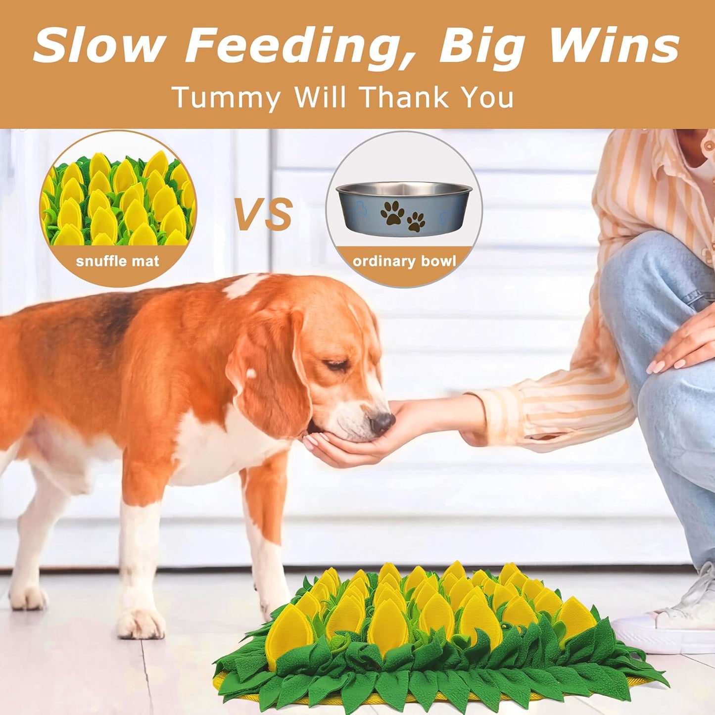 Snuffle Mat for Dogs, Cats, Rabbits, Guinea Pigs, Durable Washable Pet Feeding Mat, Flower & Grass Slow Feeder, Nose Work Training Pad, Anxiety Relief & Mental Stimulation(S, Yellow)