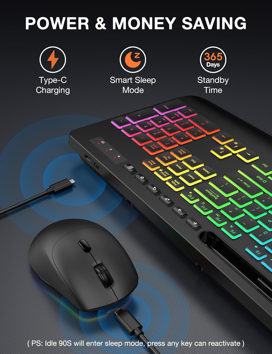 Wireless Keyboard and Mouse Combo - 9 Backlit Effects, RGB, Ergo Wrist Rest, Phone Holder, 2.4G Full Size, Rechargeable, Sleep Mode, KM22 MAX Quiet Set for Computer, PC, Laptop, Mac, Windows- SABLUTE