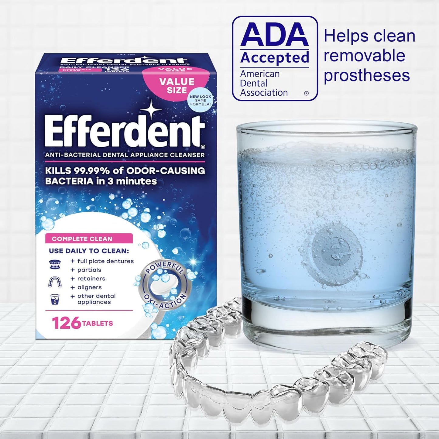 Efferdent Denture Cleaner Tablets – Dental Appliances, Aligners, Mouth Guard, and Retainer Cleaner Tablets, Complete Clean, 126 Count