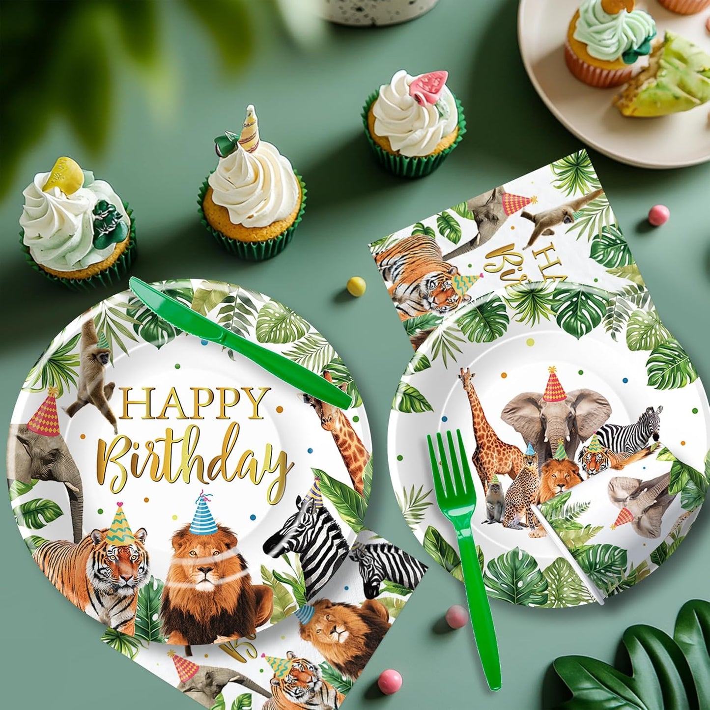 Jungle Safari Party Decorations for Birthday Baby Shower, Zoo Wild Animal Birthday Party Supplies, Paper Plates and Napkins Set, Cups, Straws, Cutlery, Tablecloth, 24 Guests
