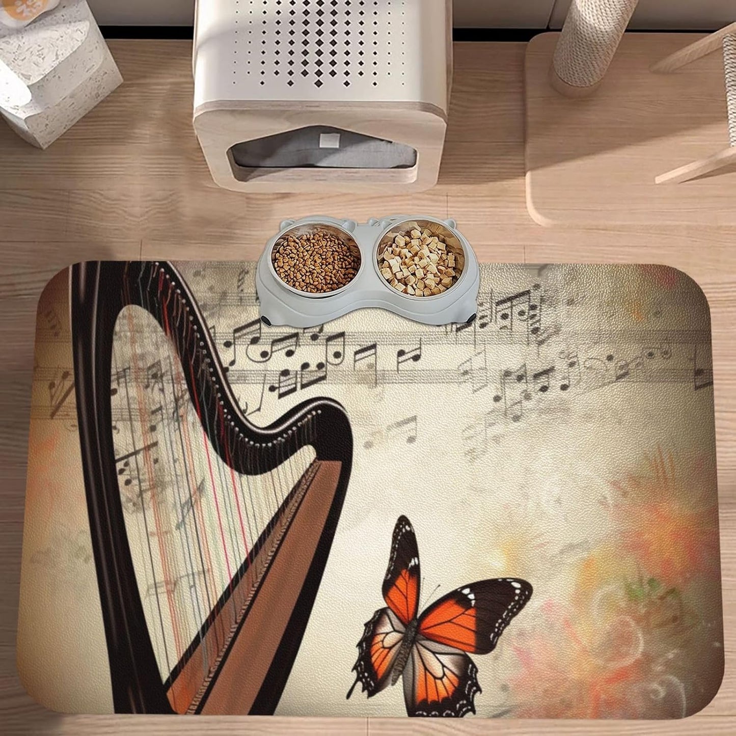 Pet Feeding Mat Leather Dog Food Mat Waterproof Pet Tablecloth Butterfly Harp Pet Placemat for Dogs Absorbent Dog Bowl Mat Anti-Slip Dogs Mats for Food and Water