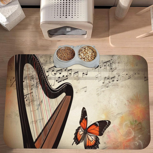 Pet Feeding Mat Leather Dog Food Mat Waterproof Pet Tablecloth Butterfly Harp Pet Placemat for Dogs Absorbent Dog Bowl Mat Anti-Slip Dogs Mats for Food and Water