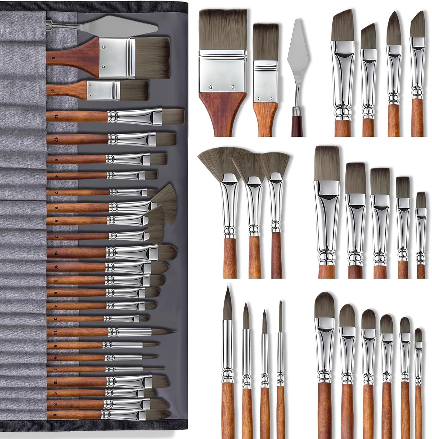 Paint Brush Set, Professional Paintbrushes with Palette Knife and Cloth Roll, Suitable for Beginners, Artists, Gouache, Oil, Face Painting(25pcs)