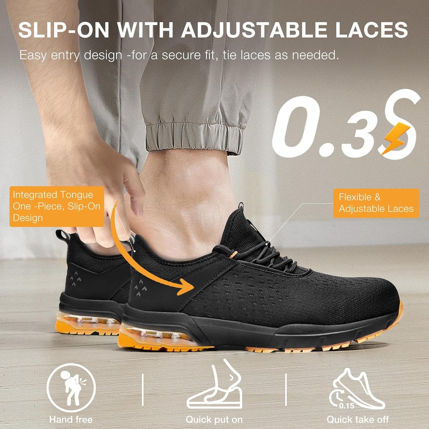 SPIEZ Safety Shoes for Men Women - Air Cushion Non-Steel Composite Toe, Lightweight Fashion Sneaker Design,Slip-On with Adjustable Laces, All-Day Protection, Black Orange US 6-13.5