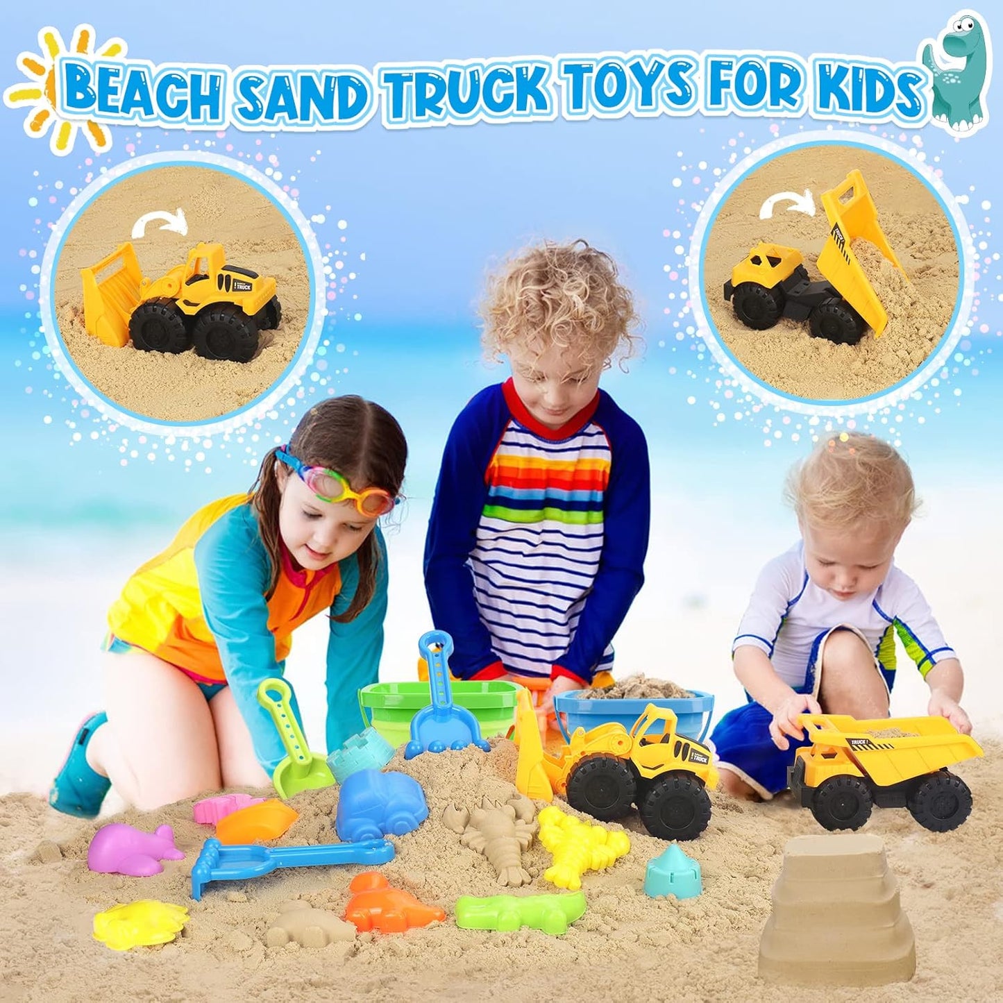 Beach Toys, Sand Toys for Kids Boys and Girls with 2 Construction Vehicle, 2 Collapsible Bucket, Sand Castle Building Kit, Sand Molds, Mesh Bag, Outdoor Toys for Kids Ages 4-8