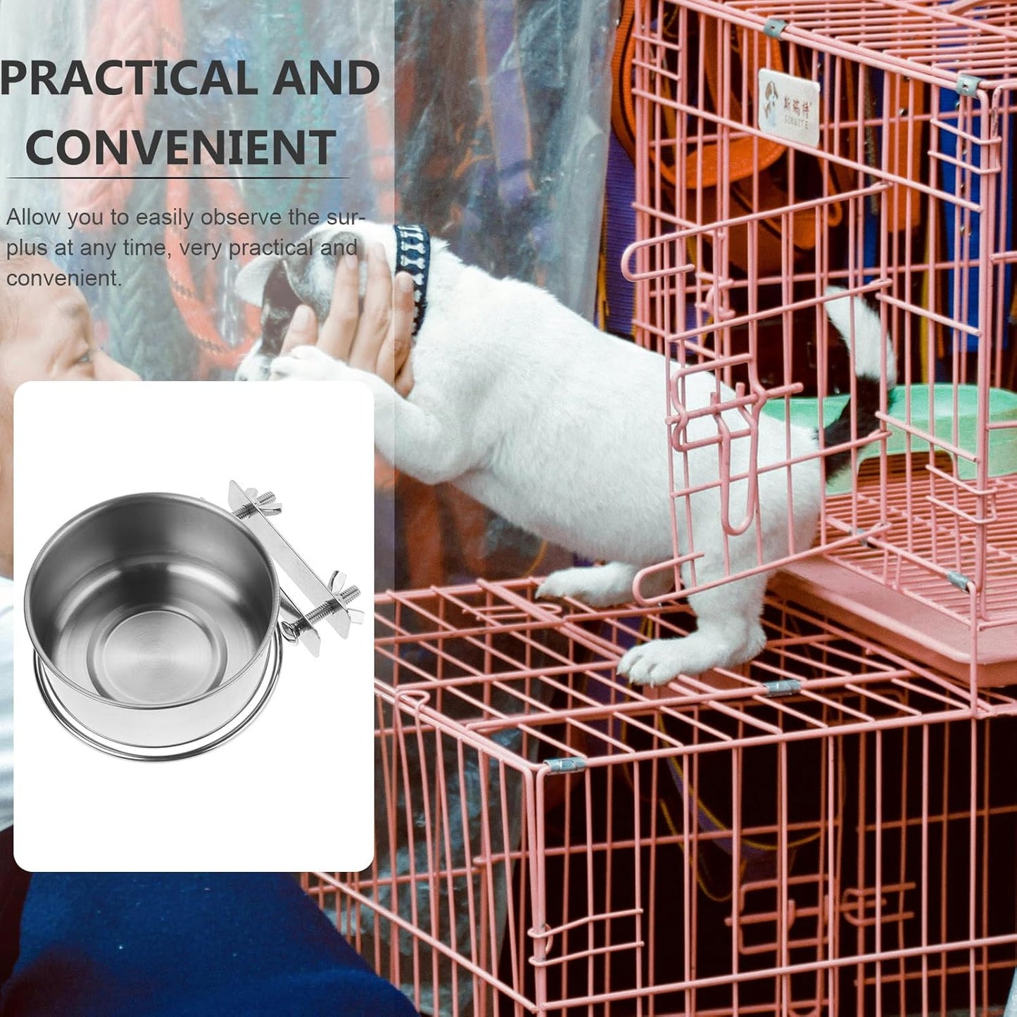 FAVOMOTO Elevated Pet Stand Feeder with Stainless Steel Hanging Dog Food and Water Bowls, Non-Spill Double Bowl Clamp Holder for Small Dog Crates and Kennels, Suitable for Cats and Puppies
