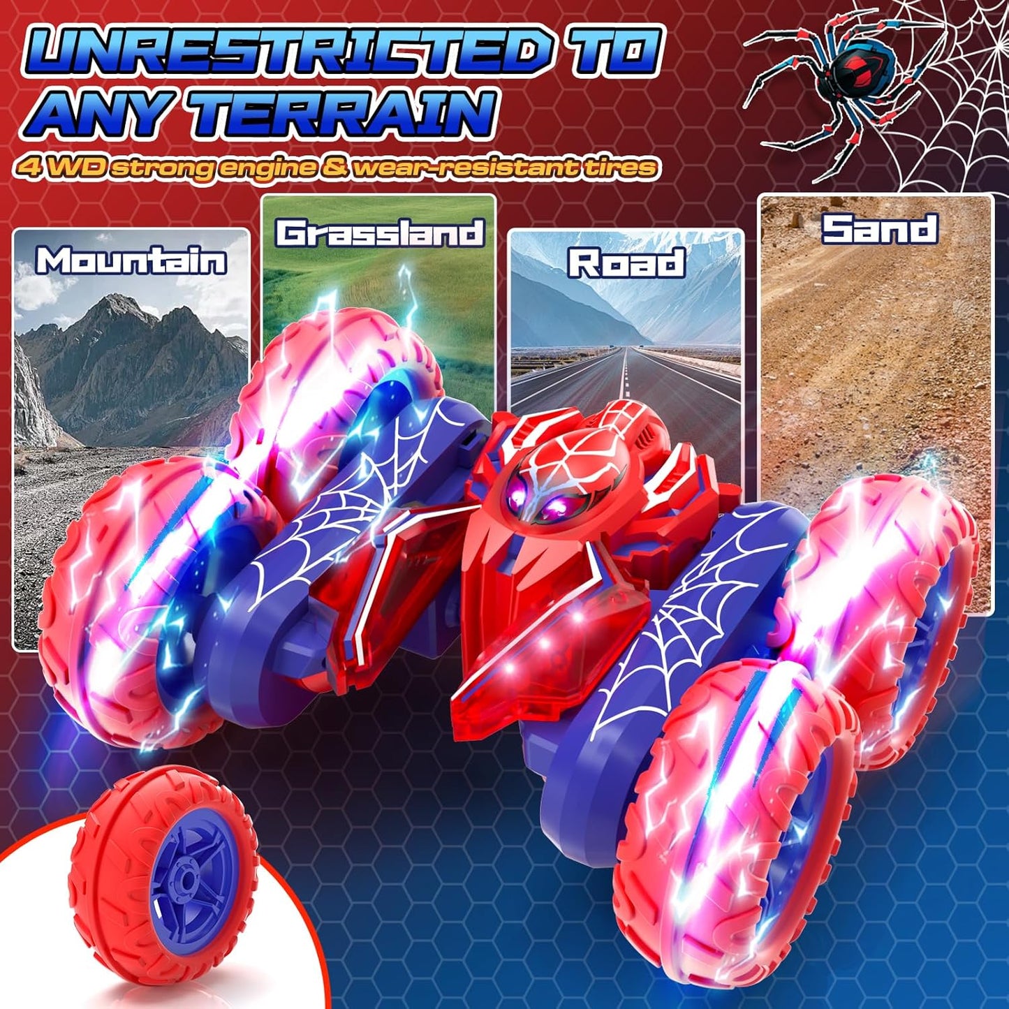 Spider Remote Control Cars for Boys 4-7, 360° Spinning RC Stunt Car with 2 Batteries Cool Lights Toys Birthday Gift for Boys 4 5 6 7 8 9 10 11 12 Year Old
