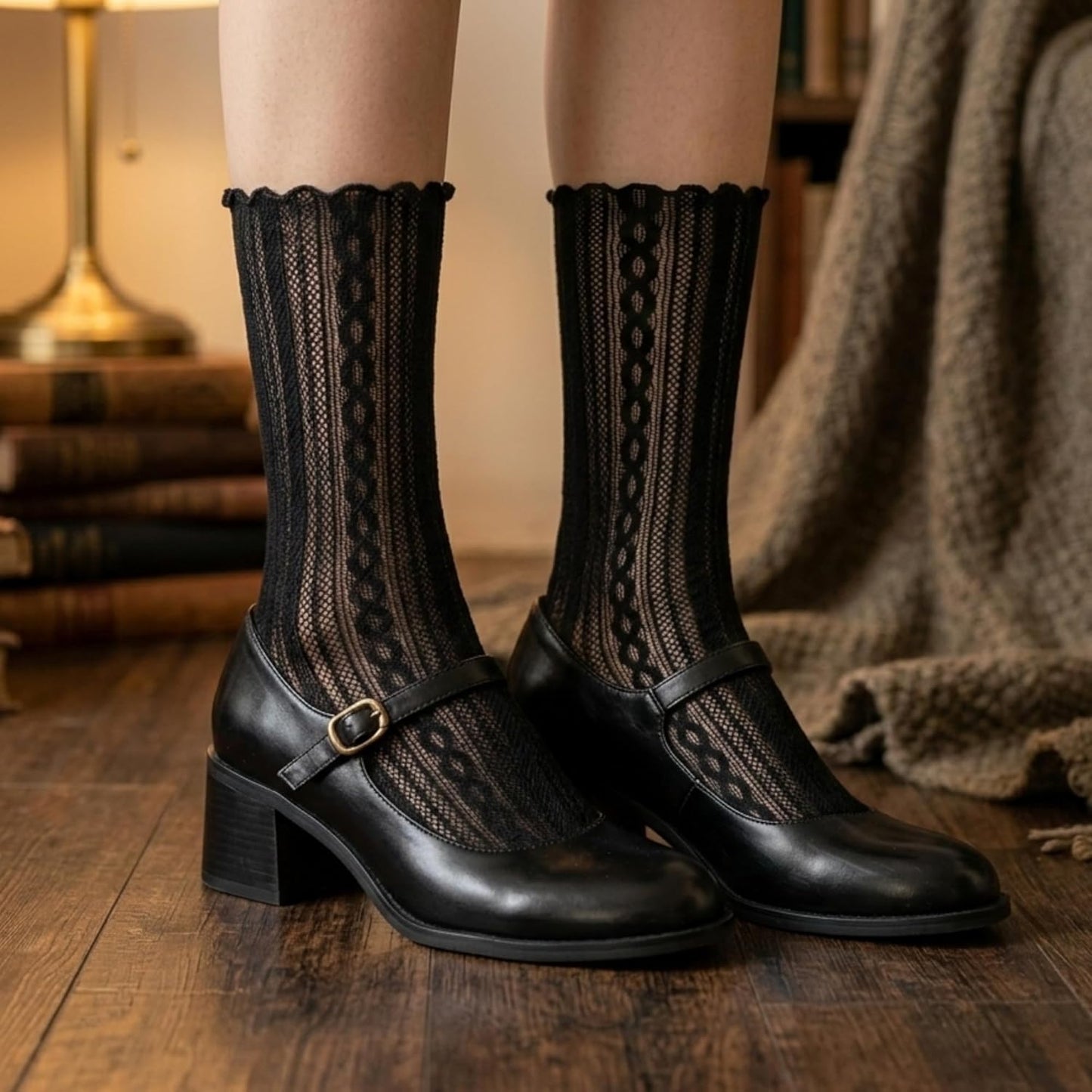 6 Pairs Black Lace Socks for Women, Sheer Mesh Crew Socks for Loafers & Heels, Elegant Floral & Vertical Striped Trouser Socks, Coquette Balletcore Aesthetic Fashion Hosiery by Daisy&Dino