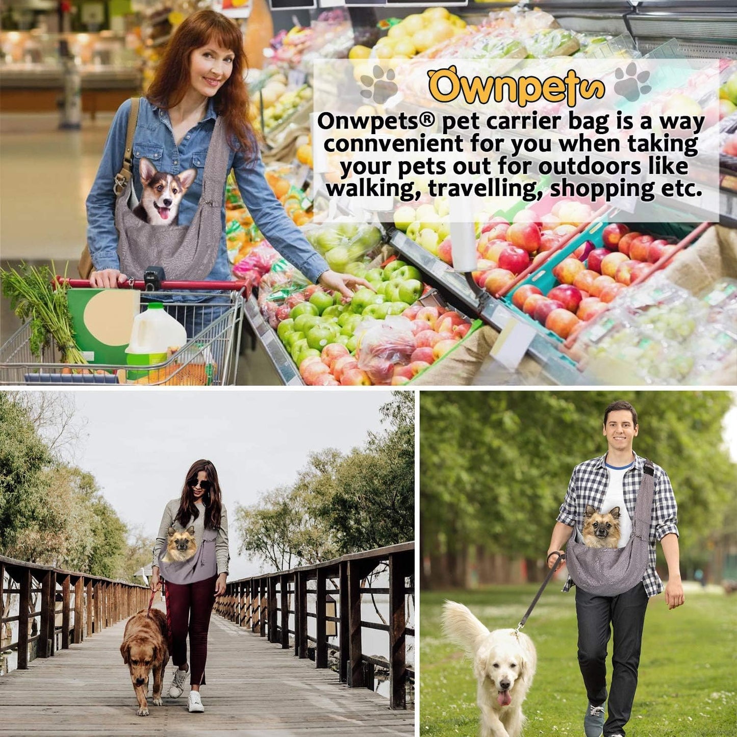 OWNPETS Pet Sling Carrier, Pet Sling Carrier Bag Safe,Fit 10~15lb Cats&Dogs, Comfortable, Adjustable, Perfect for Daily Walk, Outdoor Activity and Weekend Adventure