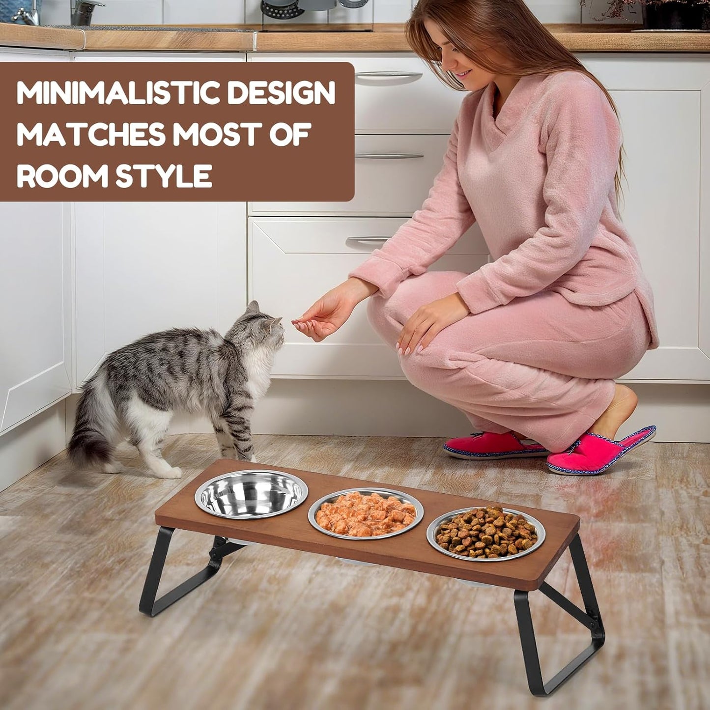 Elevated Cat Bowls, 10° Tilted Stand Anti Vomiting Raise Cat Bowl for Food and Water, 3 Stainless Steel Bowls for Indoor Cats, Kitten and Puppy