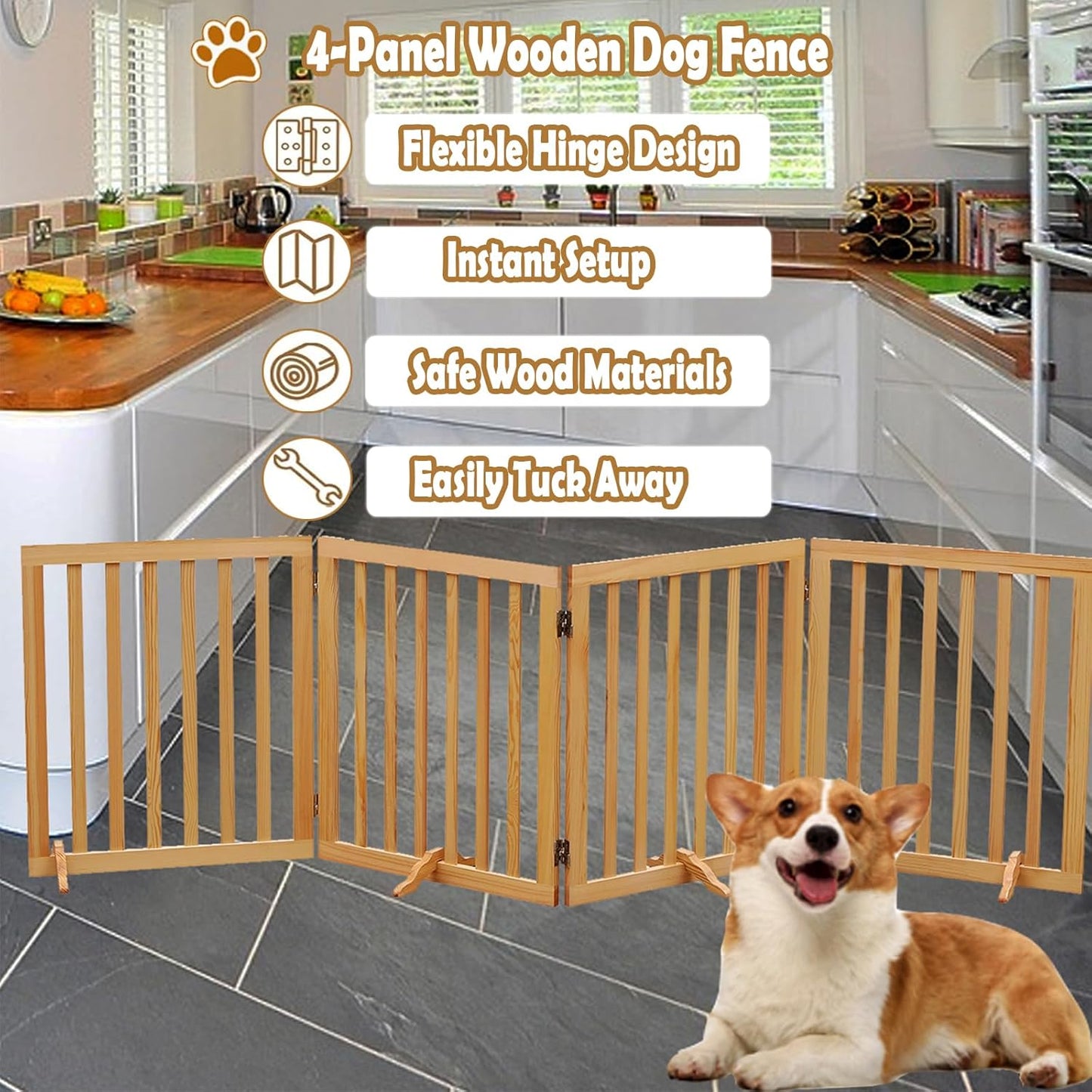 Wooden Foldable Dog Gate Pet Dog Fence for House Stairs Hallways Doorways, Freestanding 4 Panels Puppy Safety Gate 80.9 Inch Wide 23.6 Inch Height Indoor Brown
