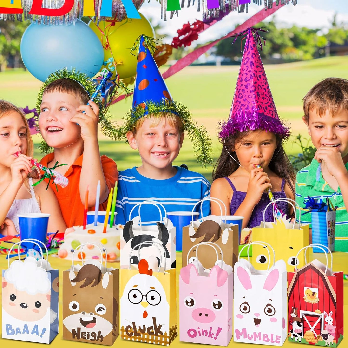 Tallew 16 Pack Farm Animal Party Favor Bags with Handles Farm Barnyard Treat Goodie Bags Kraft Paper Candy Gift Party Supplies for Kids Birthday Baby Shower Supplies Decorations