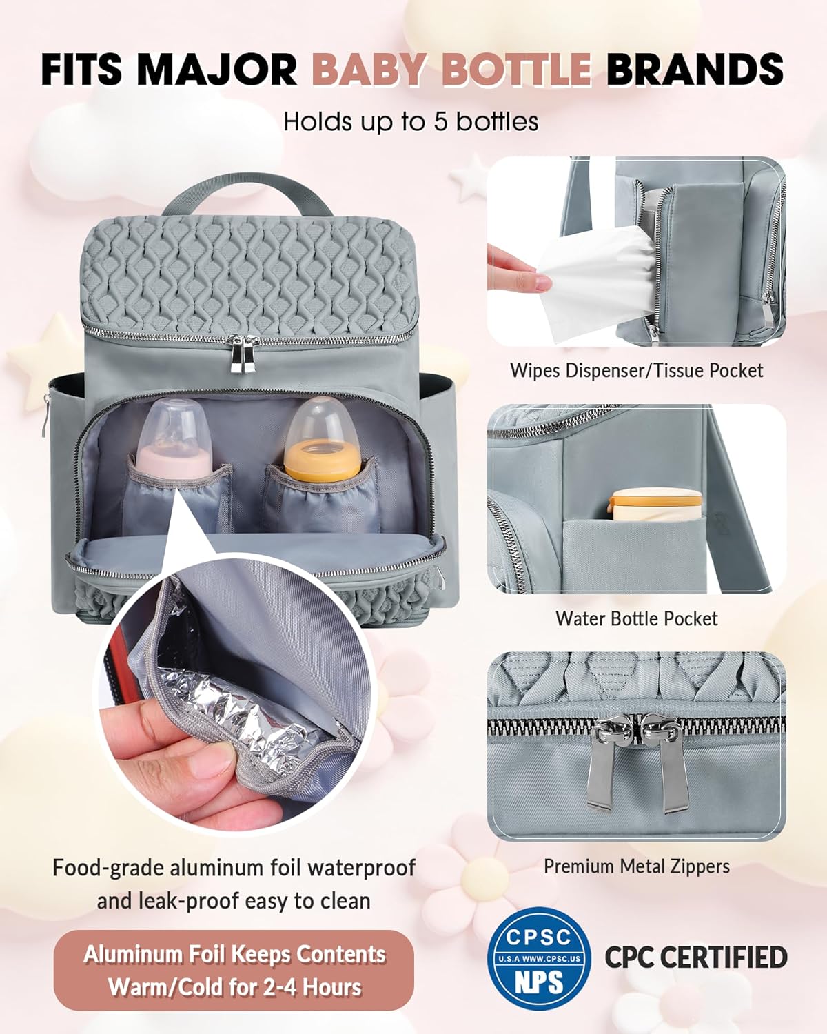 Baby Diaper Bag, Multi-Function Baby Bag for Mom Dad, Diaper Backpack with Changing Pad Stylish Pañaleras para Bebe Stroller Straps, Newborn Baby Essentials Must Haves for Women Grey Green