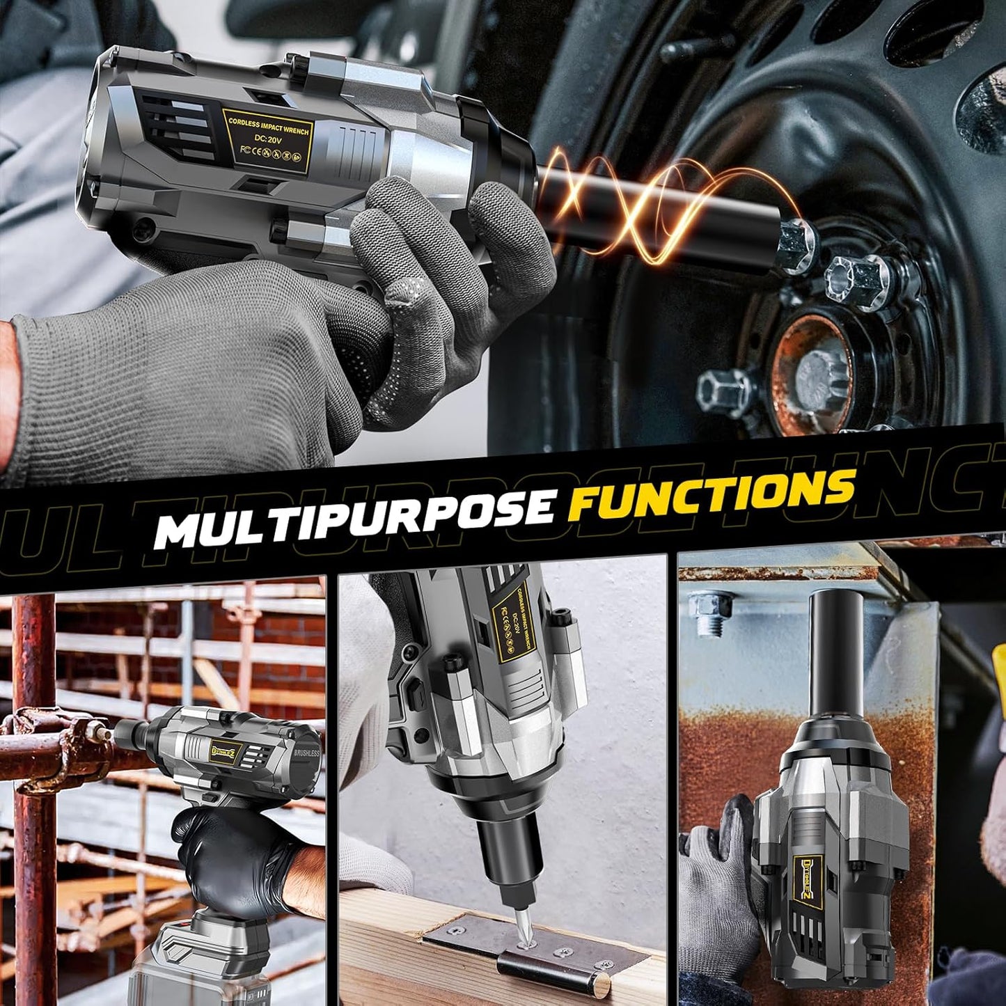 Cordless Impact Wrench 1/2 inch Compatible with DeWalt 20v Battery, 1000Ft-lbs(1360N.m) High Torque Impact Driver with 4-Modes, LED Light, Electric Impact Gun for Car/Truck/Mower(Bare Tool)