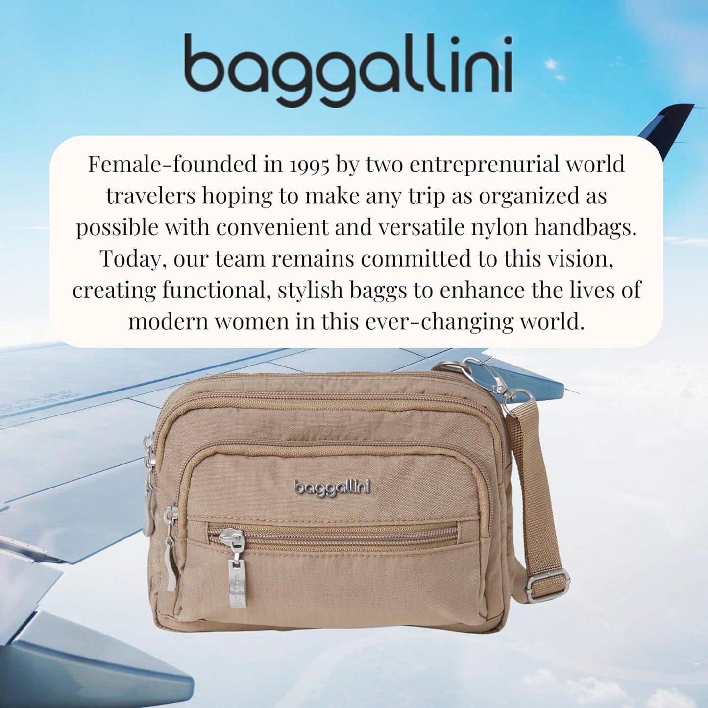 Baggallini Triple Zip Small Crossbody Bag for Women - 8x6 Lightweight Convertible Fanny Pack Belt Bag